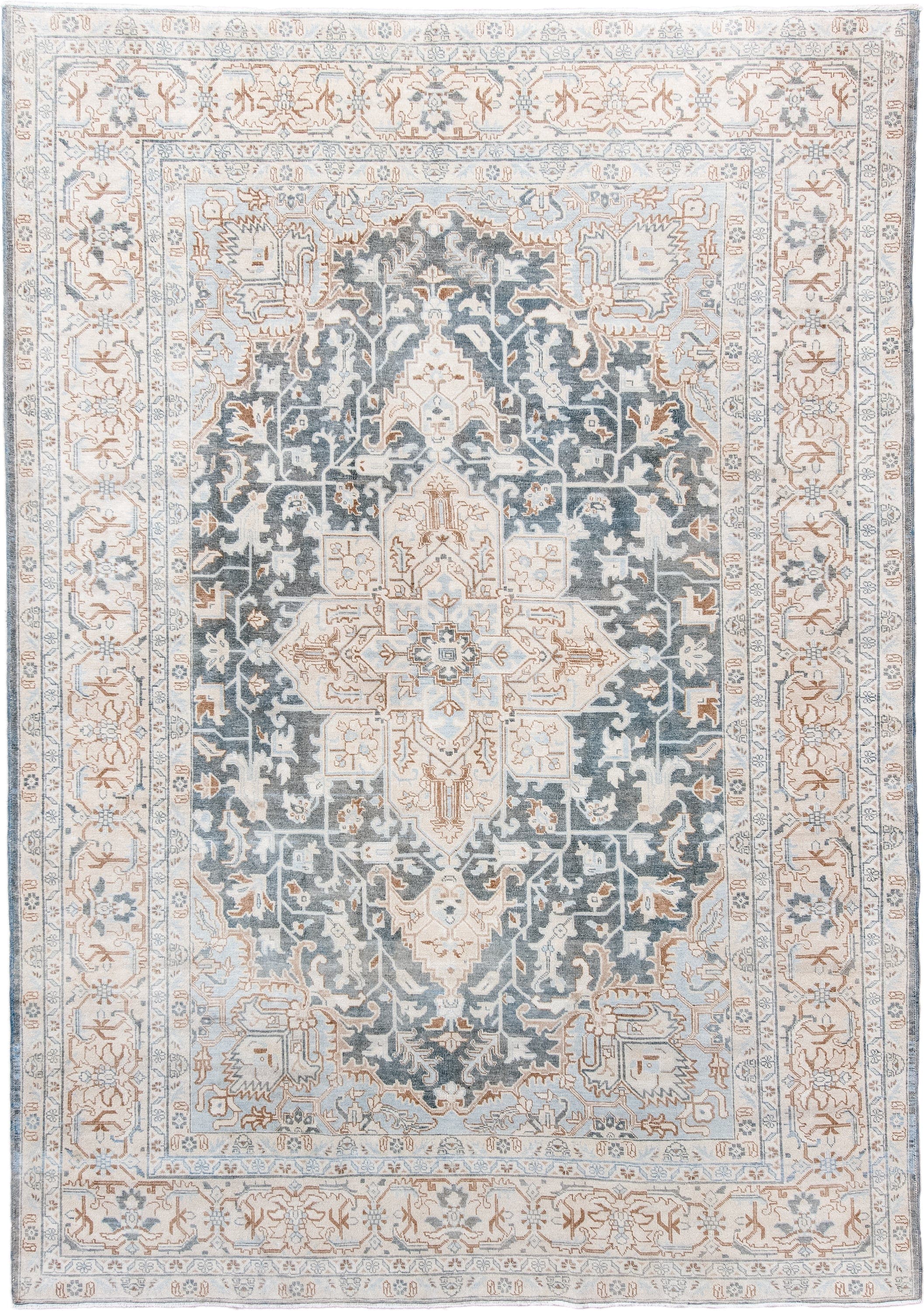 7' x 10' one-of-a-kind handmade antique Tabriz large size rug. Color palette: ivory, slate, pale_blue, camel, taupe, gray