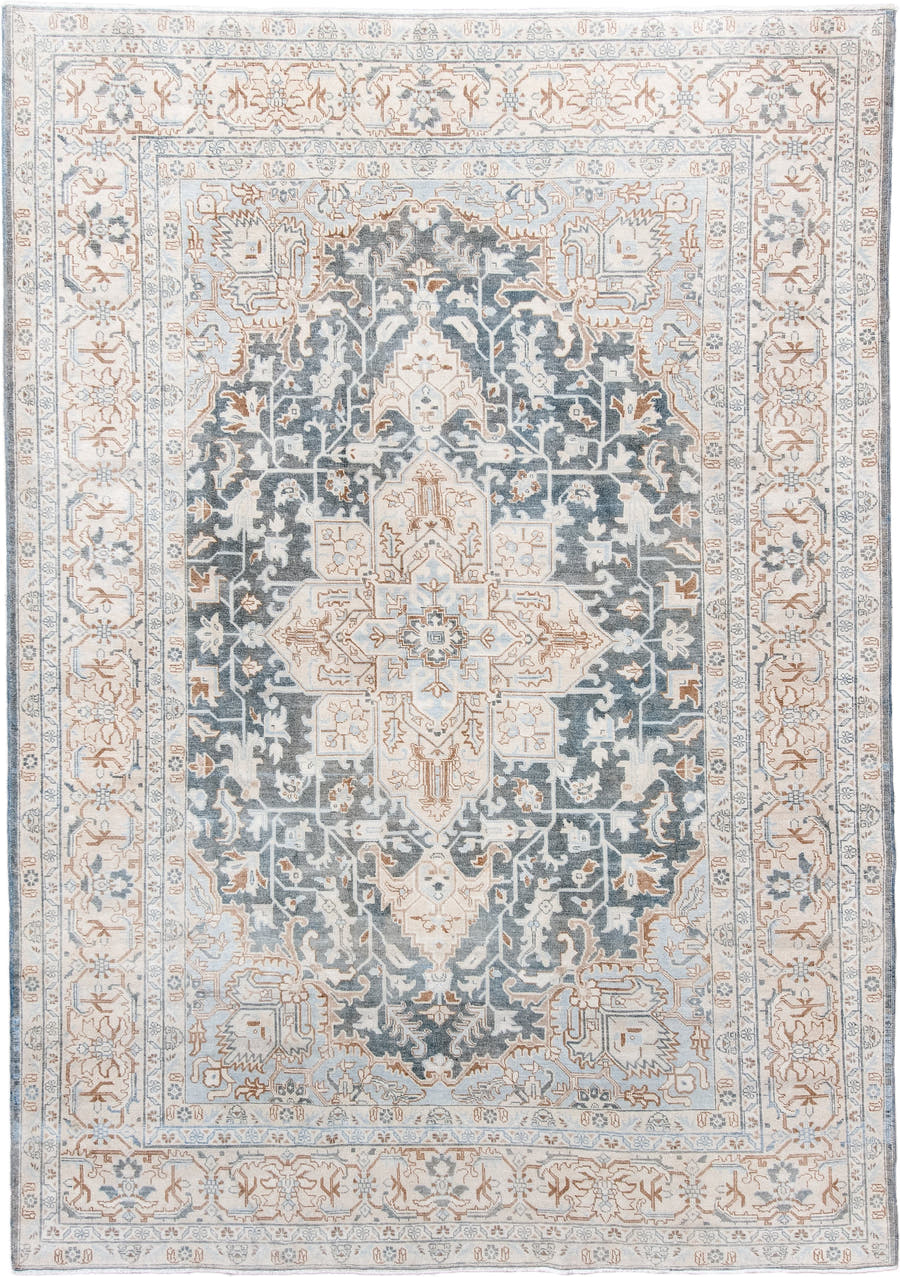 7' x 10' one-of-a-kind handmade antique Tabriz large size rug. Color palette: ivory, slate, pale_blue, camel, taupe, gray