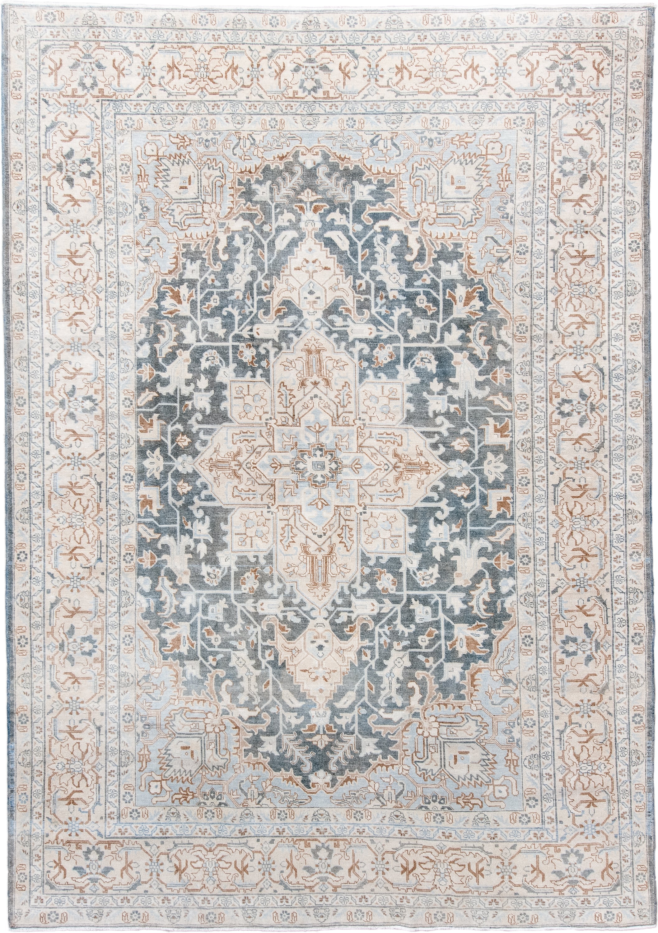 7' x 10' one-of-a-kind handmade antique Tabriz large size rug. Color palette: ivory, slate, pale_blue, camel, taupe, gray