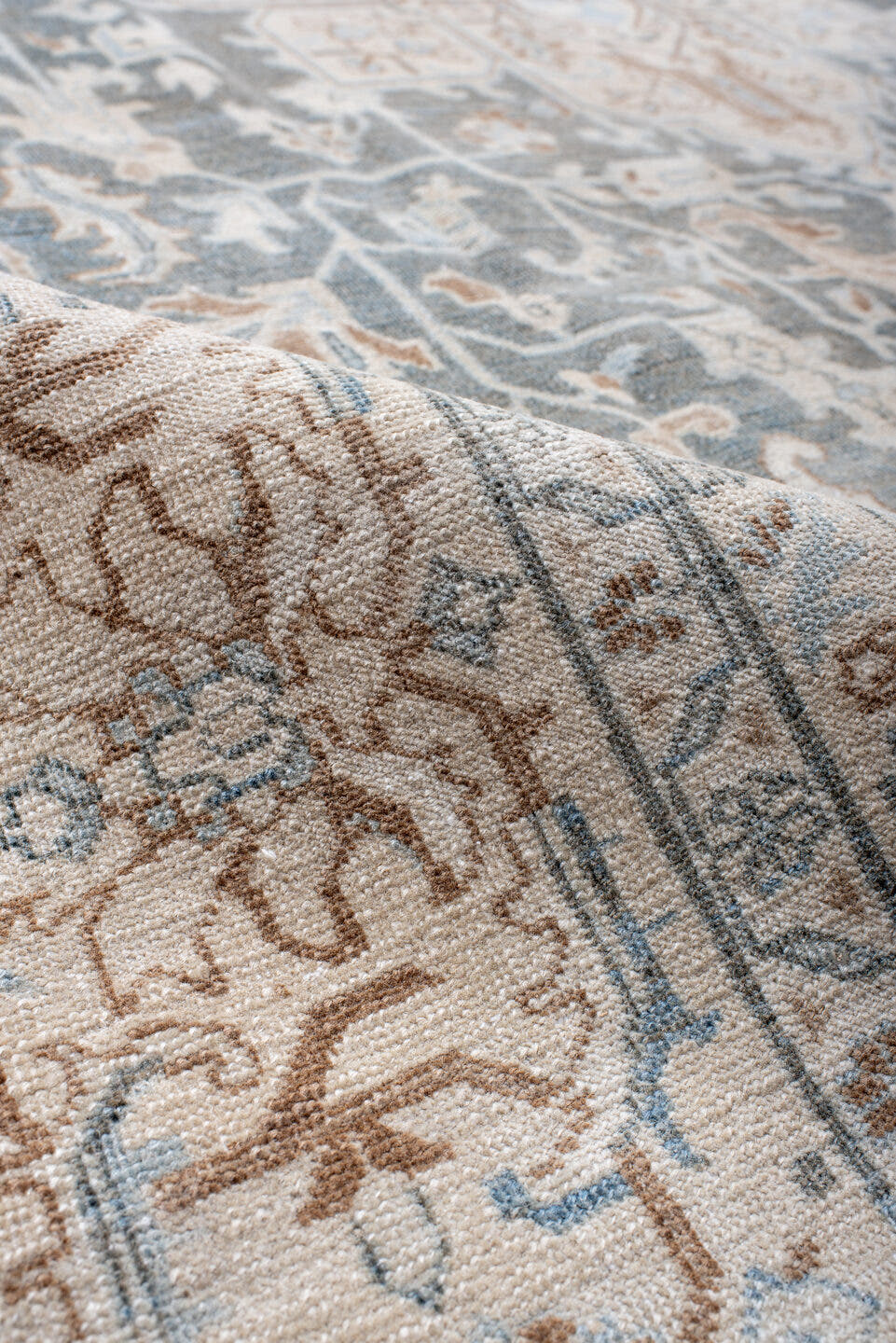 7' x 10' one-of-a-kind handmade antique Tabriz large size rug. Color palette: ivory, slate, pale_blue, camel, taupe, gray