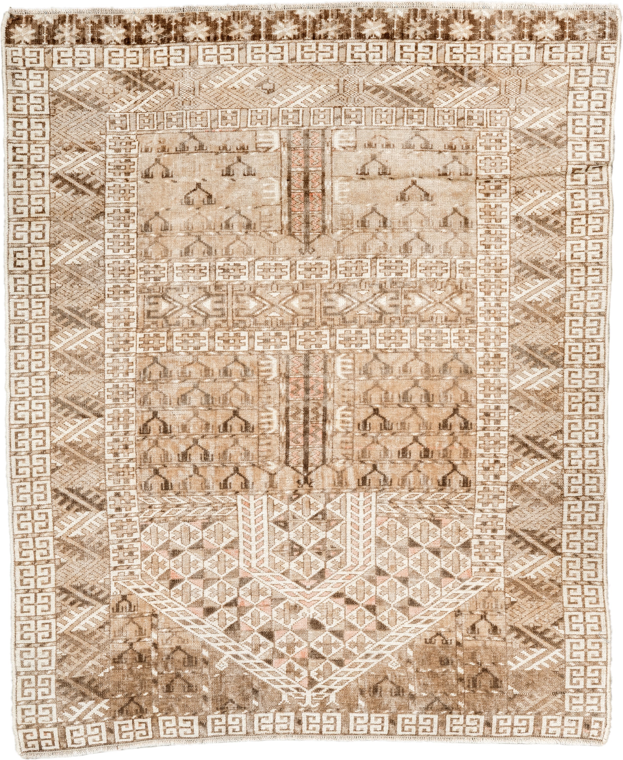 2' x 3' one-of-a-kind handmade vintage Bokara small size rug. Color palette: ivory, taupe, camel, brown, sand, rose, beige