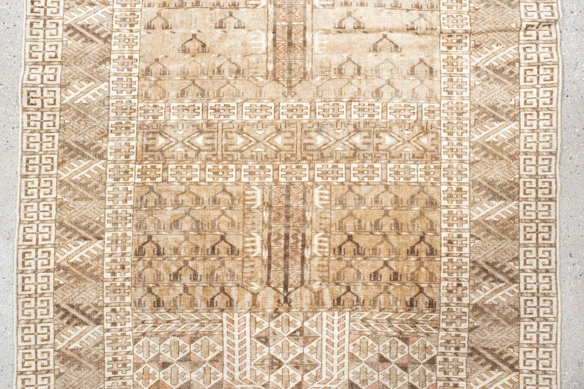 2' x 3' one-of-a-kind handmade vintage Bokara small size rug. Color palette: ivory, taupe, camel, brown, sand, rose, beige