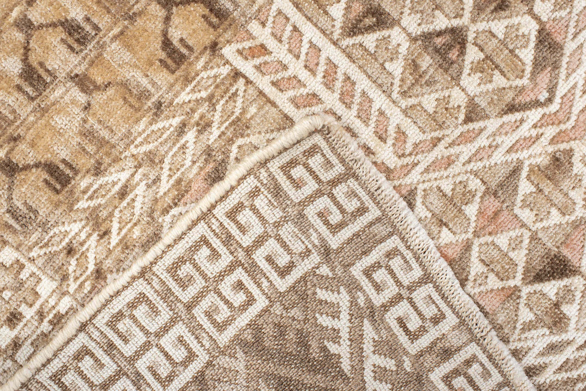 2' x 3' one-of-a-kind handmade vintage Bokara small size rug. Color palette: ivory, taupe, camel, brown, sand, rose, beige