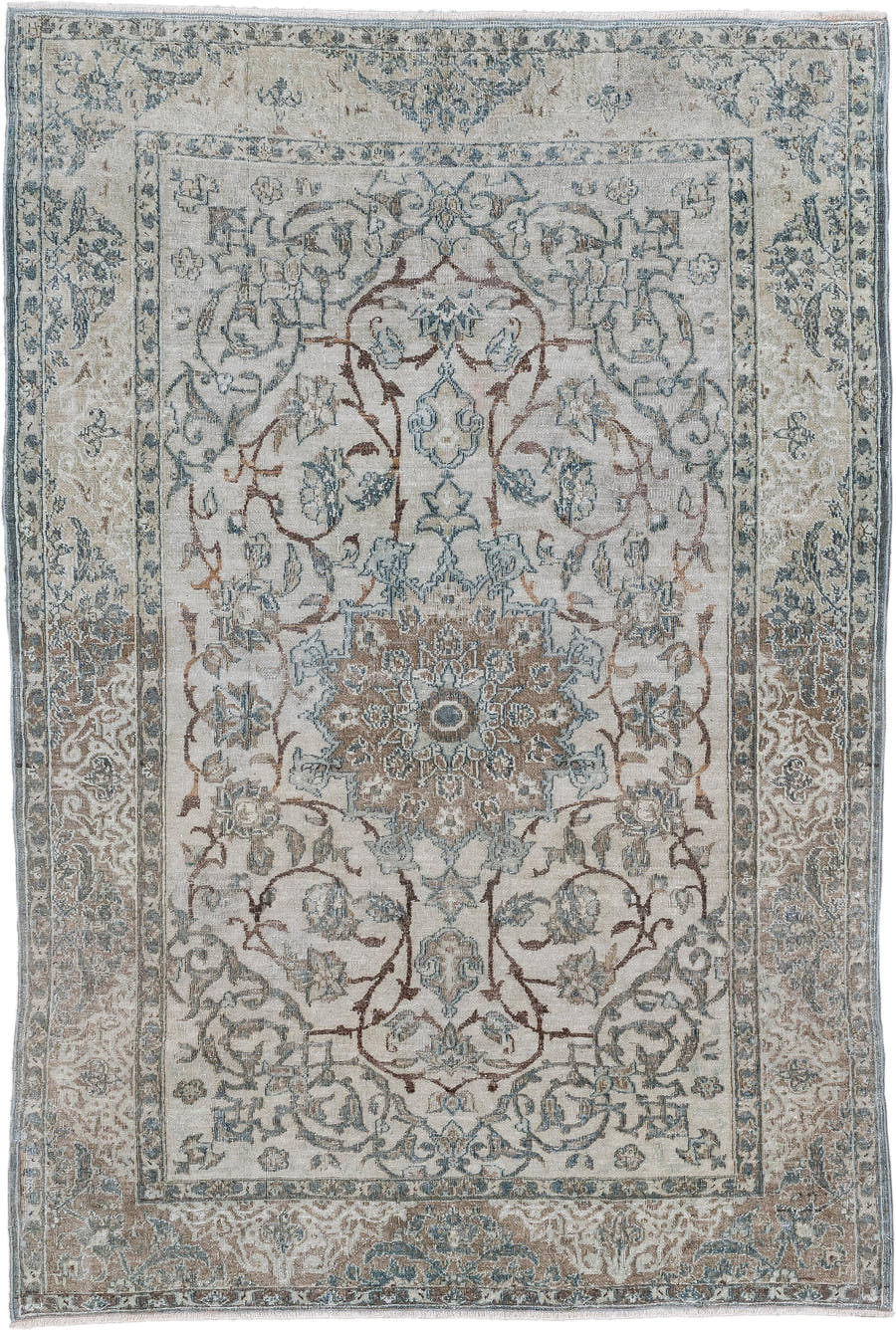 3' x 4' one-of-a-kind handmade vintage Isfahan small size rug. Color palette: ivory, pale blue, taupe, rust, beige, slate