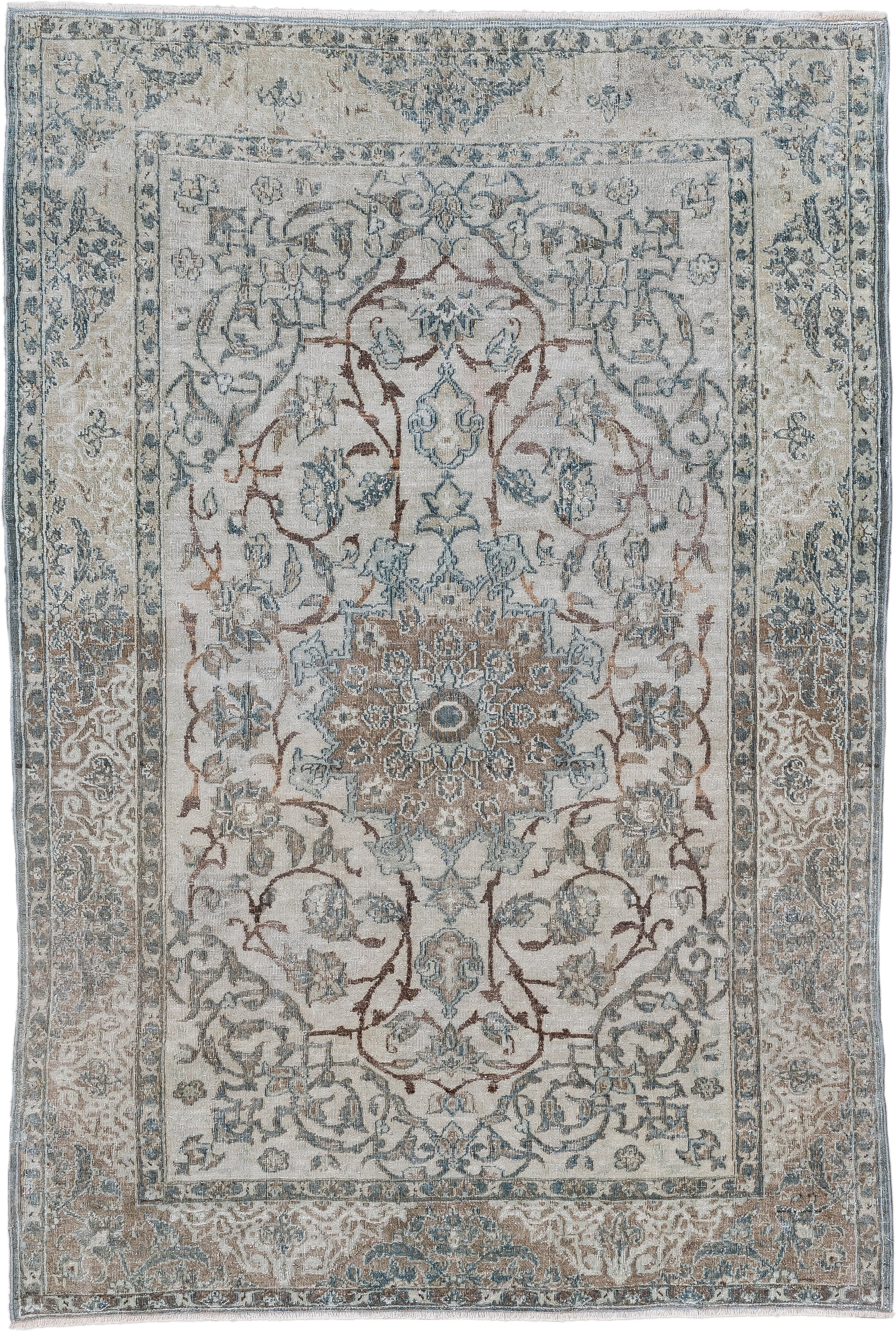 3' x 4' one-of-a-kind handmade vintage Isfahan small size rug. Color palette: ivory, pale blue, taupe, rust, beige, slate