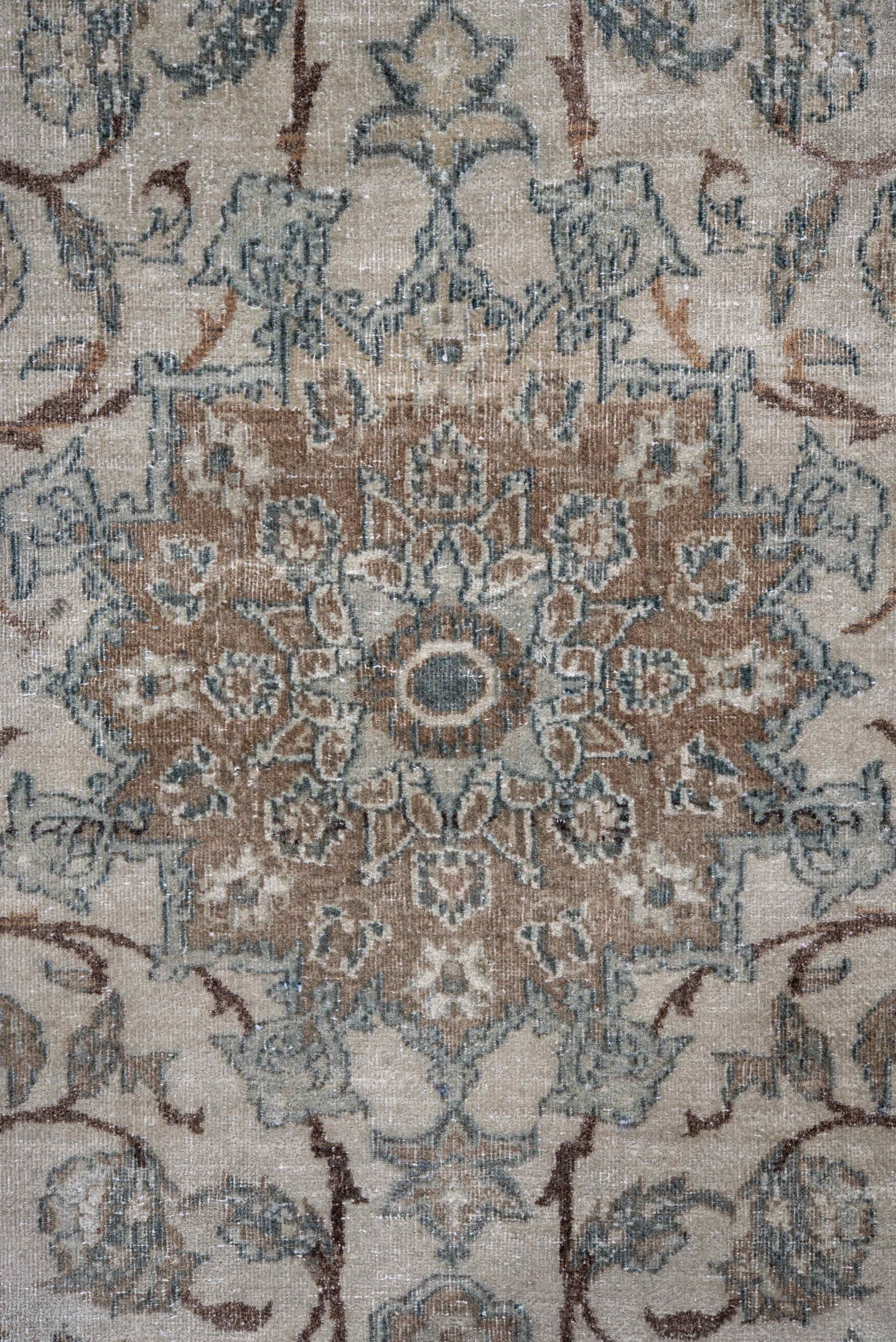 3' x 4' one-of-a-kind handmade vintage Isfahan small size rug. Color palette: ivory, pale blue, taupe, rust, beige, slate