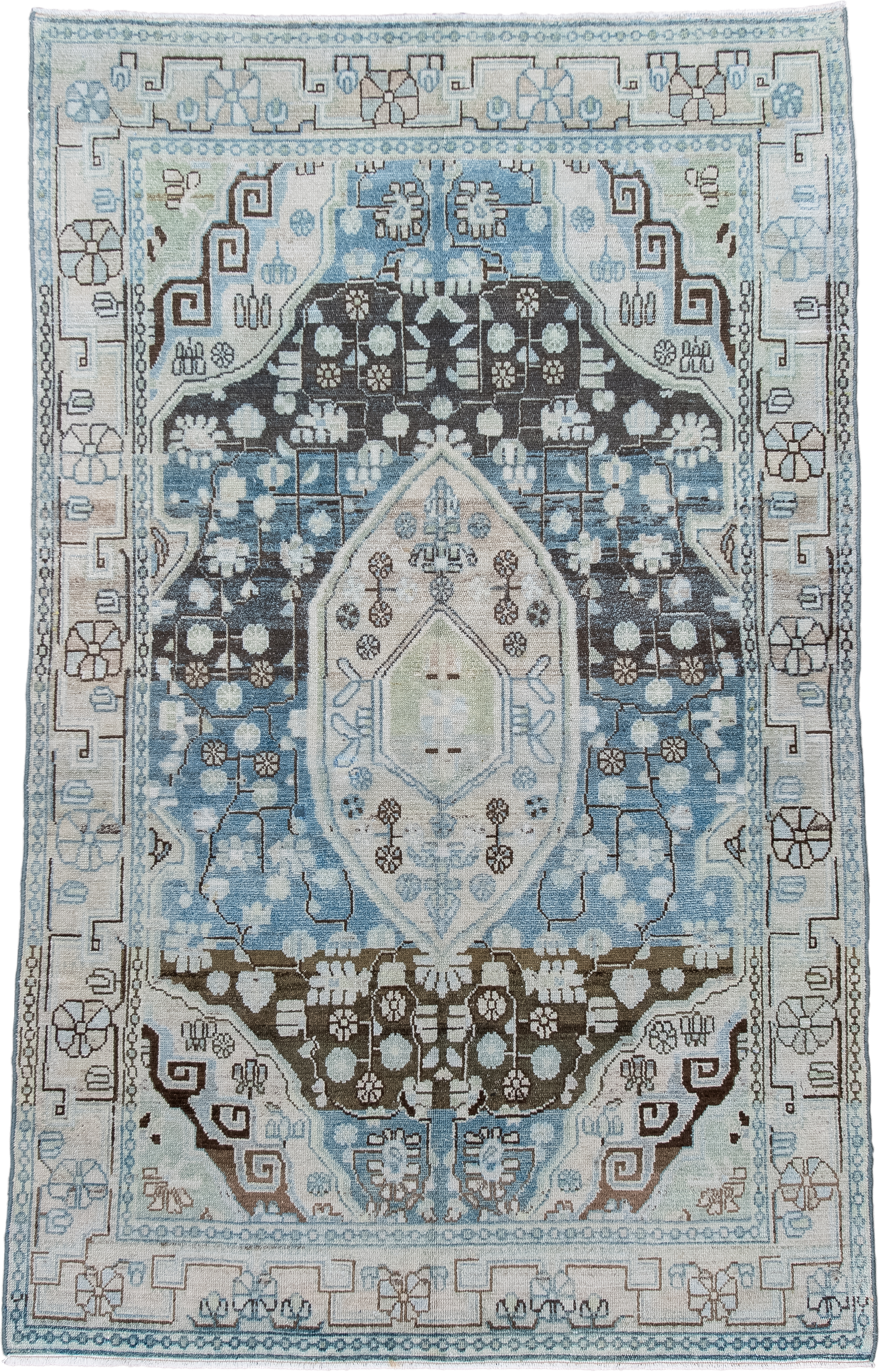 4' x 6' one-of-a-kind handmade antique Hamadan small size rug. Color palette: ivory, sky blue, brown, slate, taupe