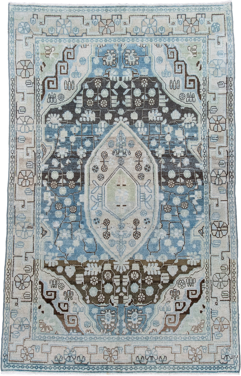4' x 6' one-of-a-kind handmade antique Hamadan small size rug. Color palette: ivory, sky blue, brown, slate, taupe
