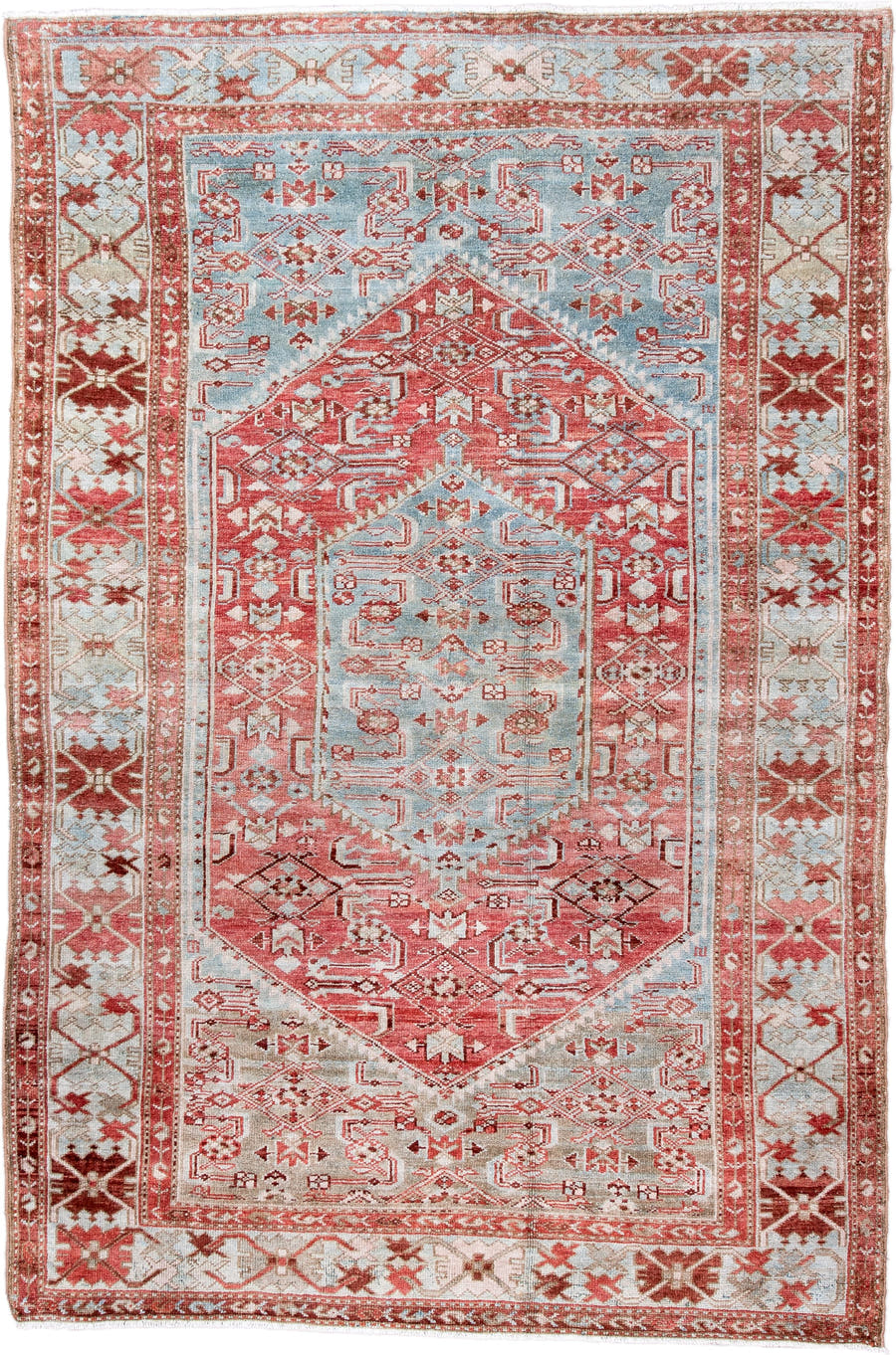 4' x 6' one-of-a-kind handmade antique Malayer small size rug. Color palette: coral, pale blue, ivory, rust, rose, taupe