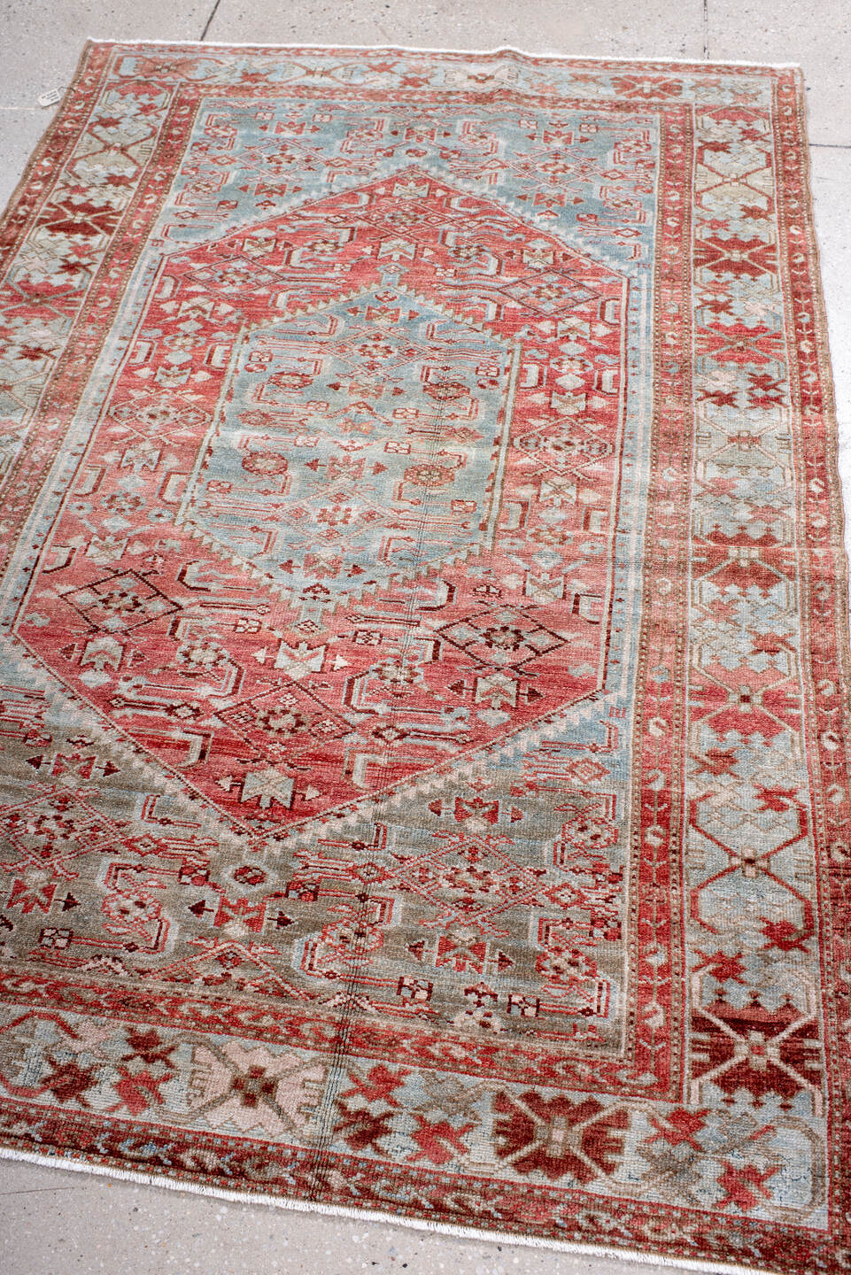 4' x 6' one-of-a-kind handmade antique Malayer small size rug. Color palette: coral, pale blue, ivory, rust, rose, taupe
