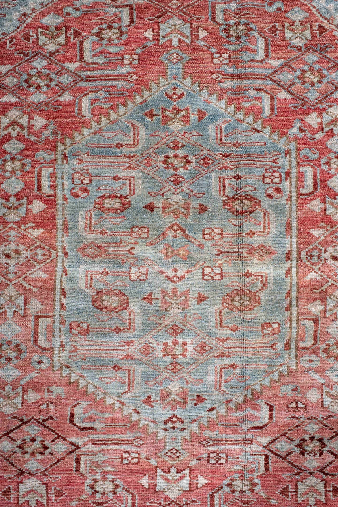 4' x 6' one-of-a-kind handmade antique Malayer small size rug. Color palette: coral, pale blue, ivory, rust, rose, taupe