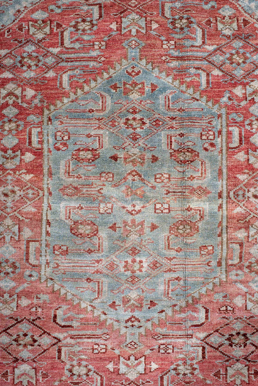 4' x 6' one-of-a-kind handmade antique Malayer small size rug. Color palette: coral, pale blue, ivory, rust, rose, taupe