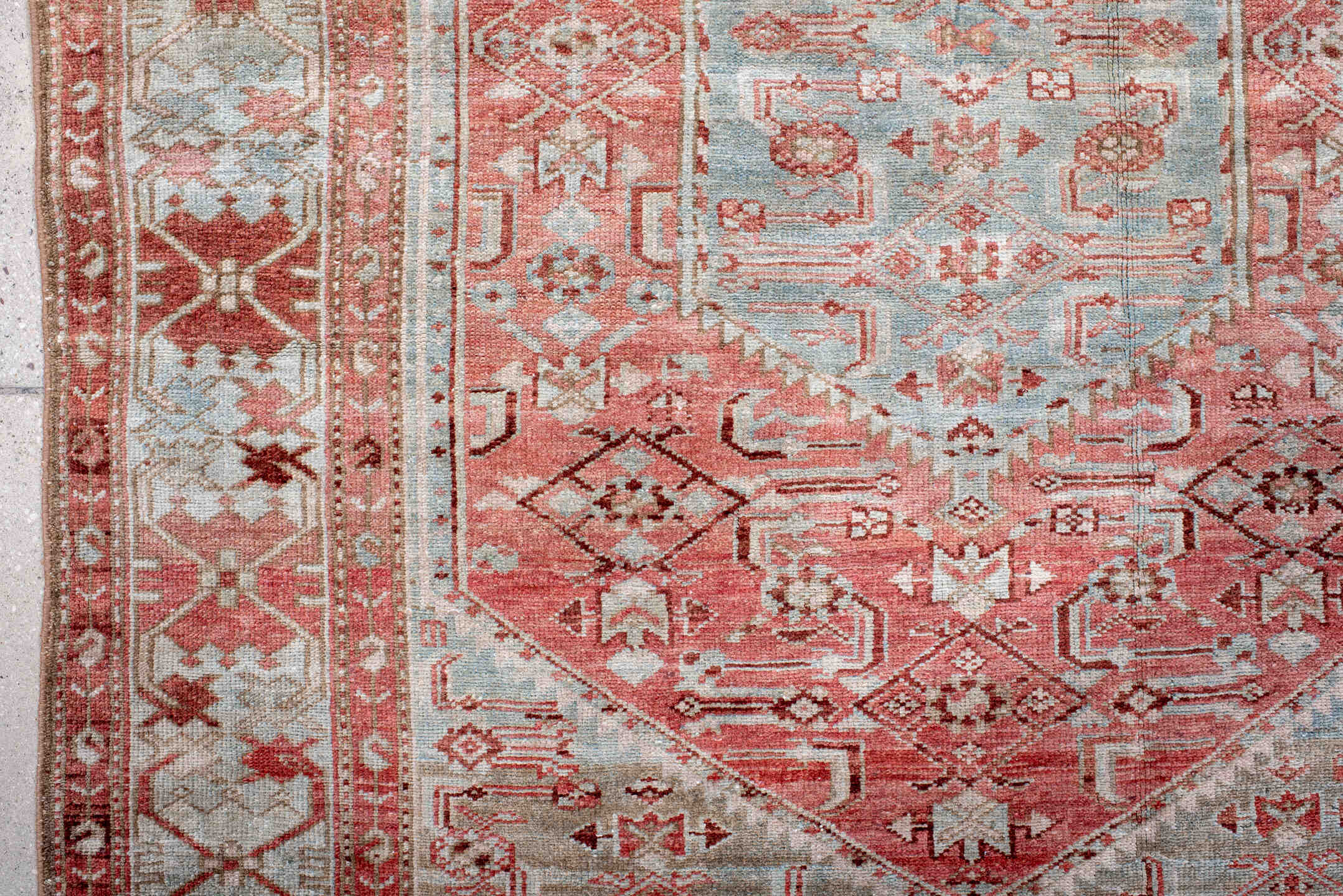 4' x 6' one-of-a-kind handmade antique Malayer small size rug. Color palette: coral, pale blue, ivory, rust, rose, taupe