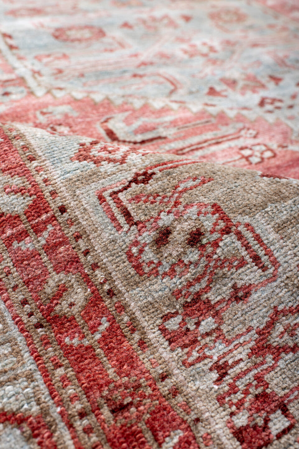4' x 6' one-of-a-kind handmade antique Malayer small size rug. Color palette: coral, pale blue, ivory, rust, rose, taupe