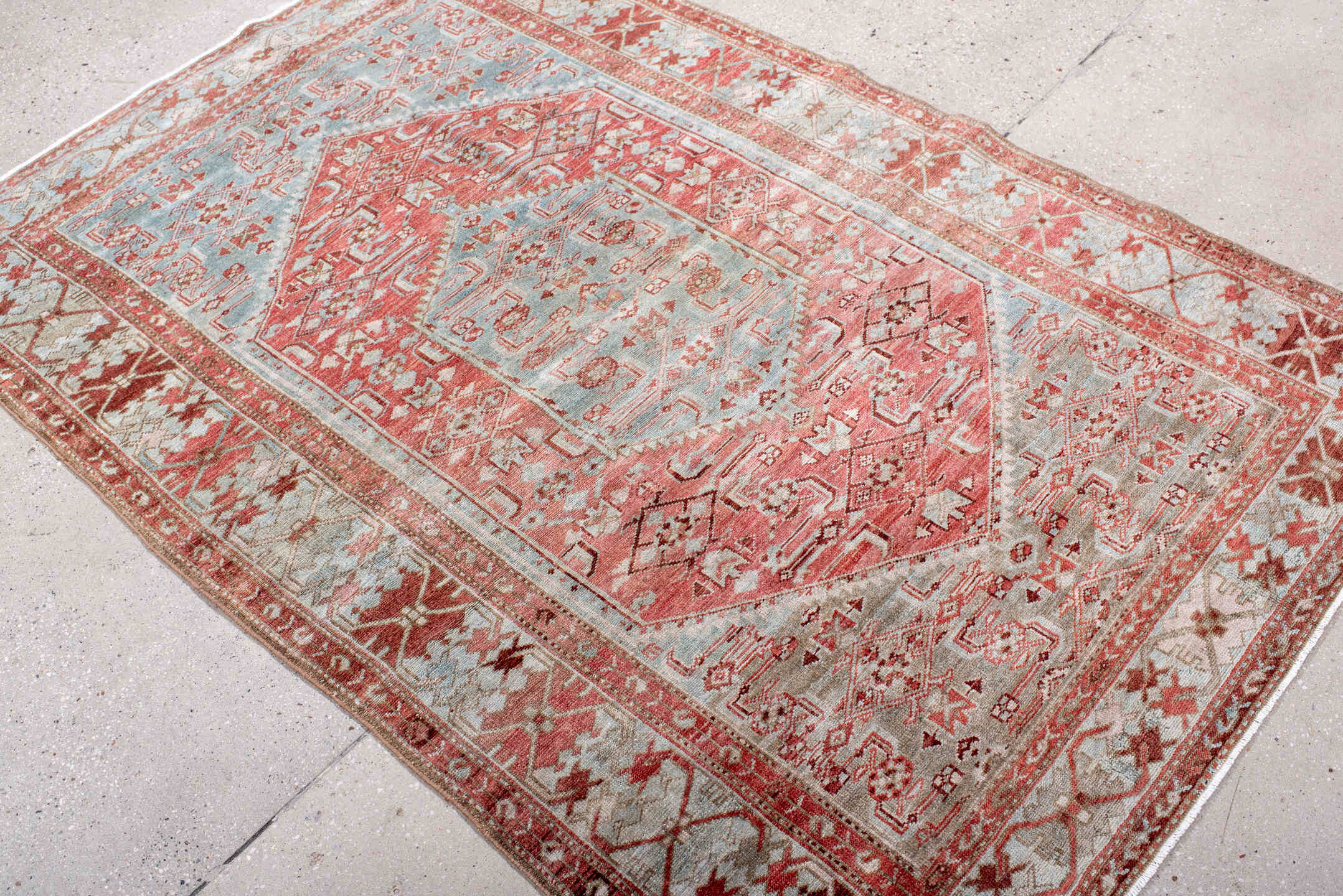 4' x 6' one-of-a-kind handmade antique Malayer small size rug. Color palette: coral, pale blue, ivory, rust, rose, taupe