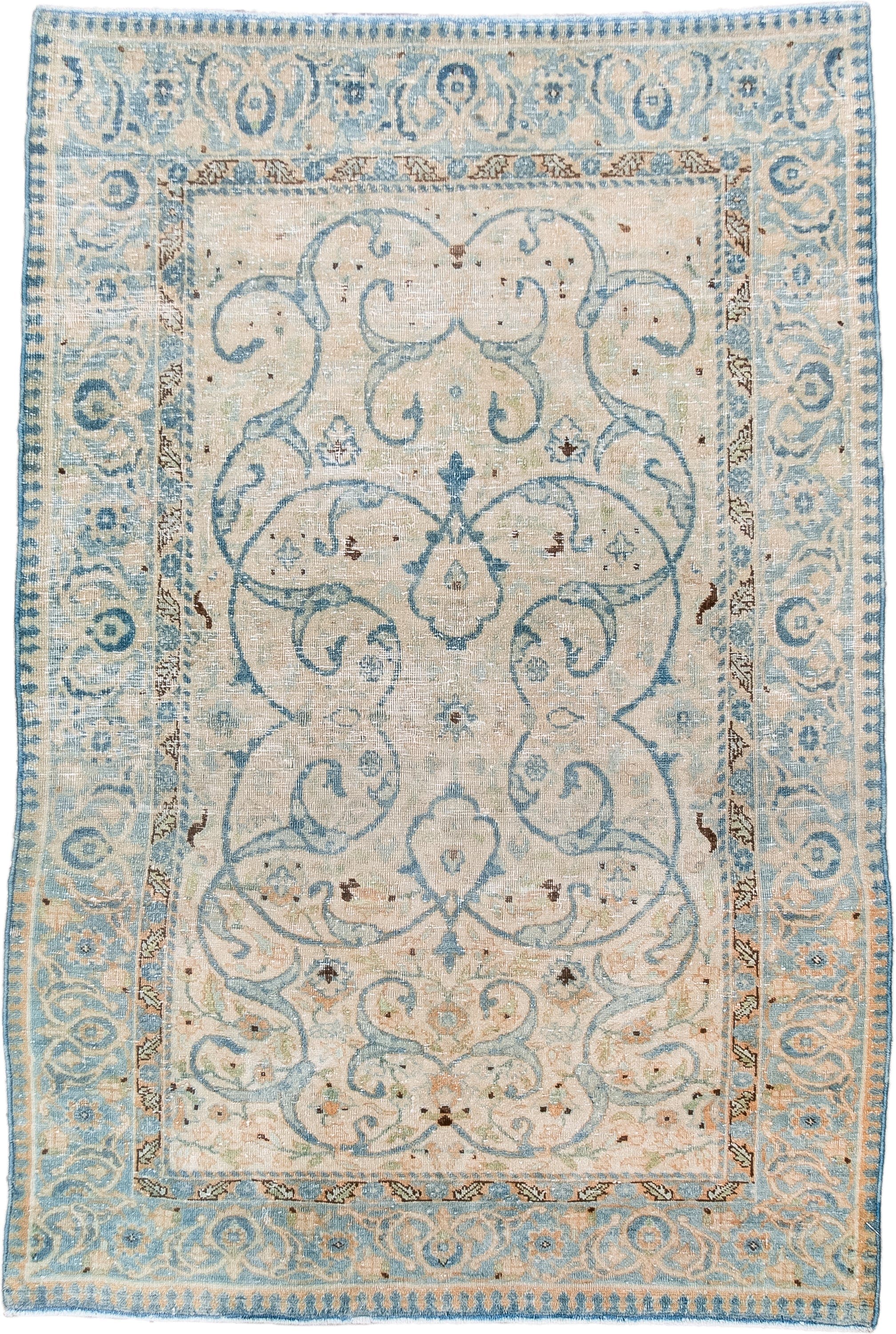 2' x 4' one-of-a-kind handmade antique Tabriz small size rug. Color palette: ivory, sky blue, beige, camel, taupe, brown