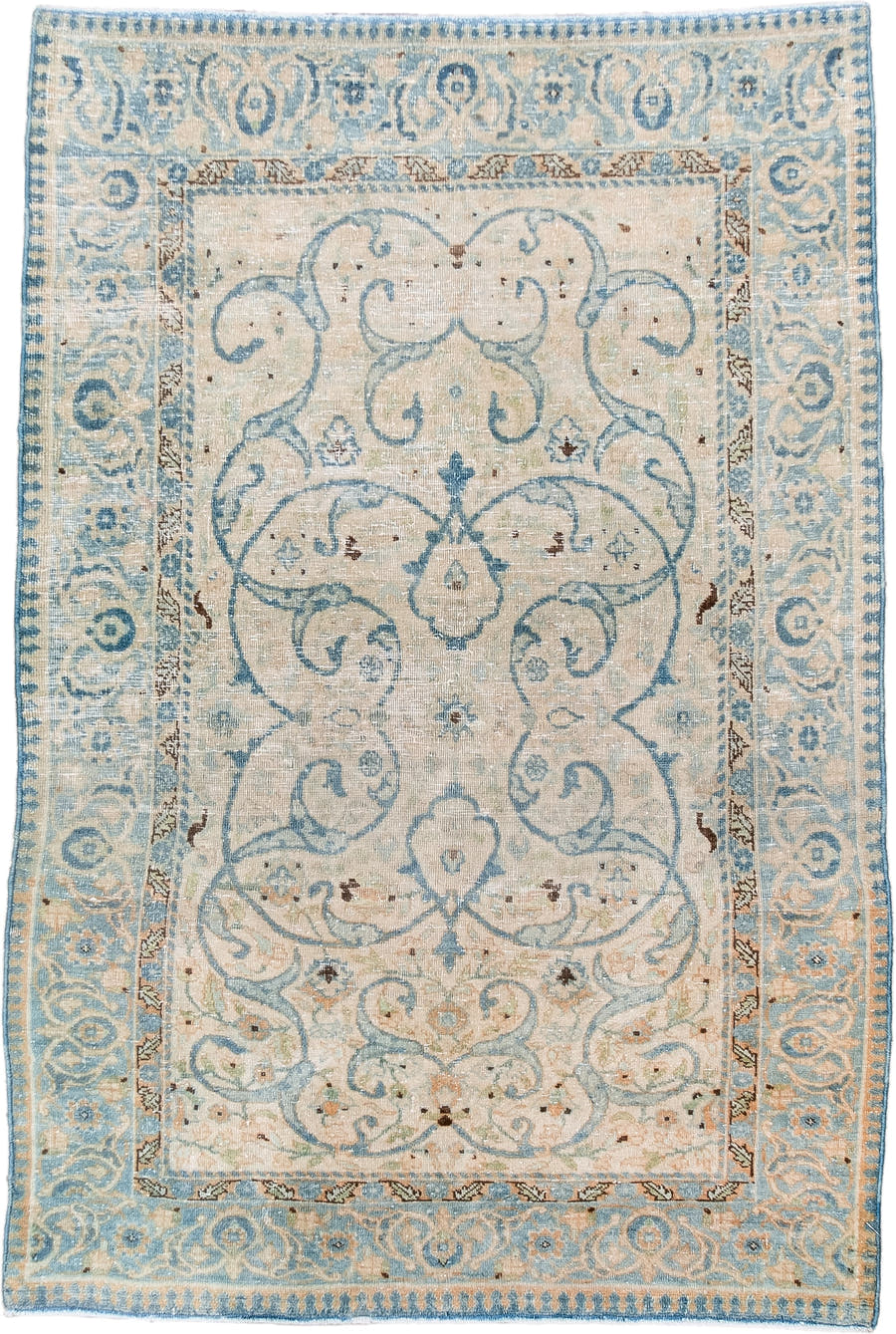 2' x 4' one-of-a-kind handmade antique Tabriz small size rug. Color palette: ivory, sky blue, beige, camel, taupe, brown
