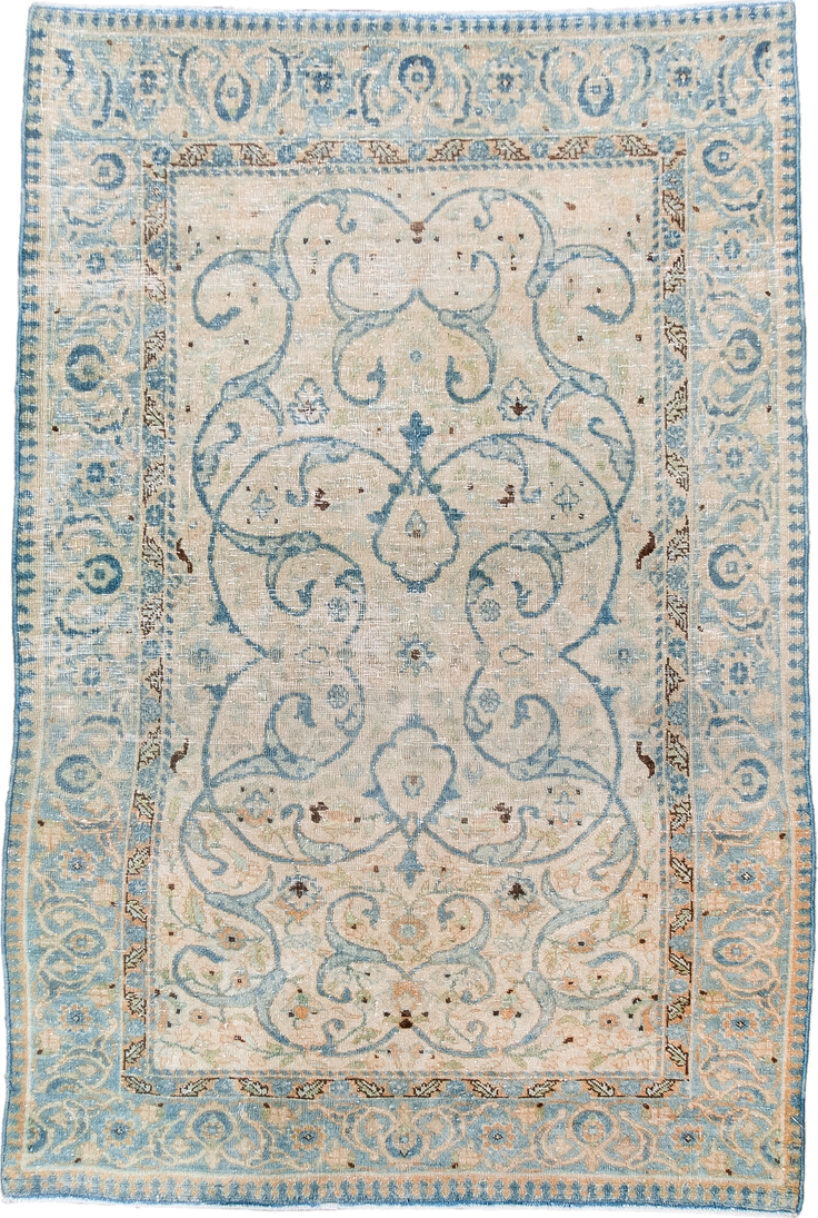 2' x 4' one-of-a-kind handmade antique Tabriz small size rug. Color palette: ivory, sky blue, beige, camel, taupe, brown