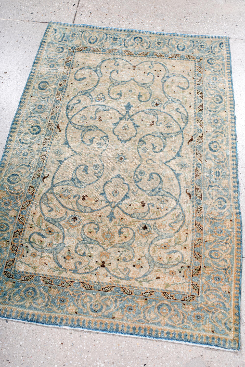 2' x 4' one-of-a-kind handmade antique Tabriz small size rug. Color palette: ivory, sky blue, beige, camel, taupe, brown