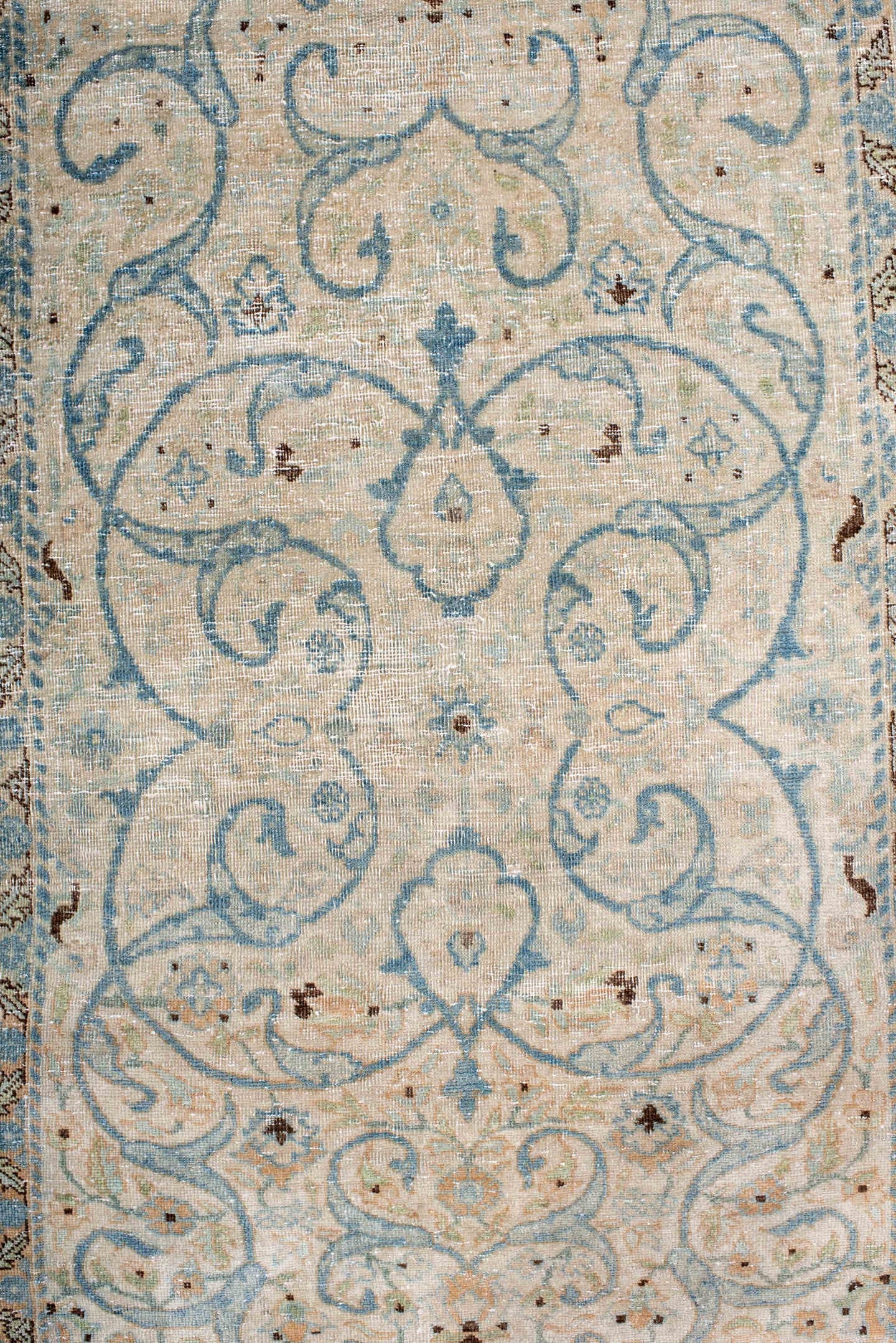 2' x 4' one-of-a-kind handmade antique Tabriz small size rug. Color palette: ivory, sky blue, beige, camel, taupe, brown