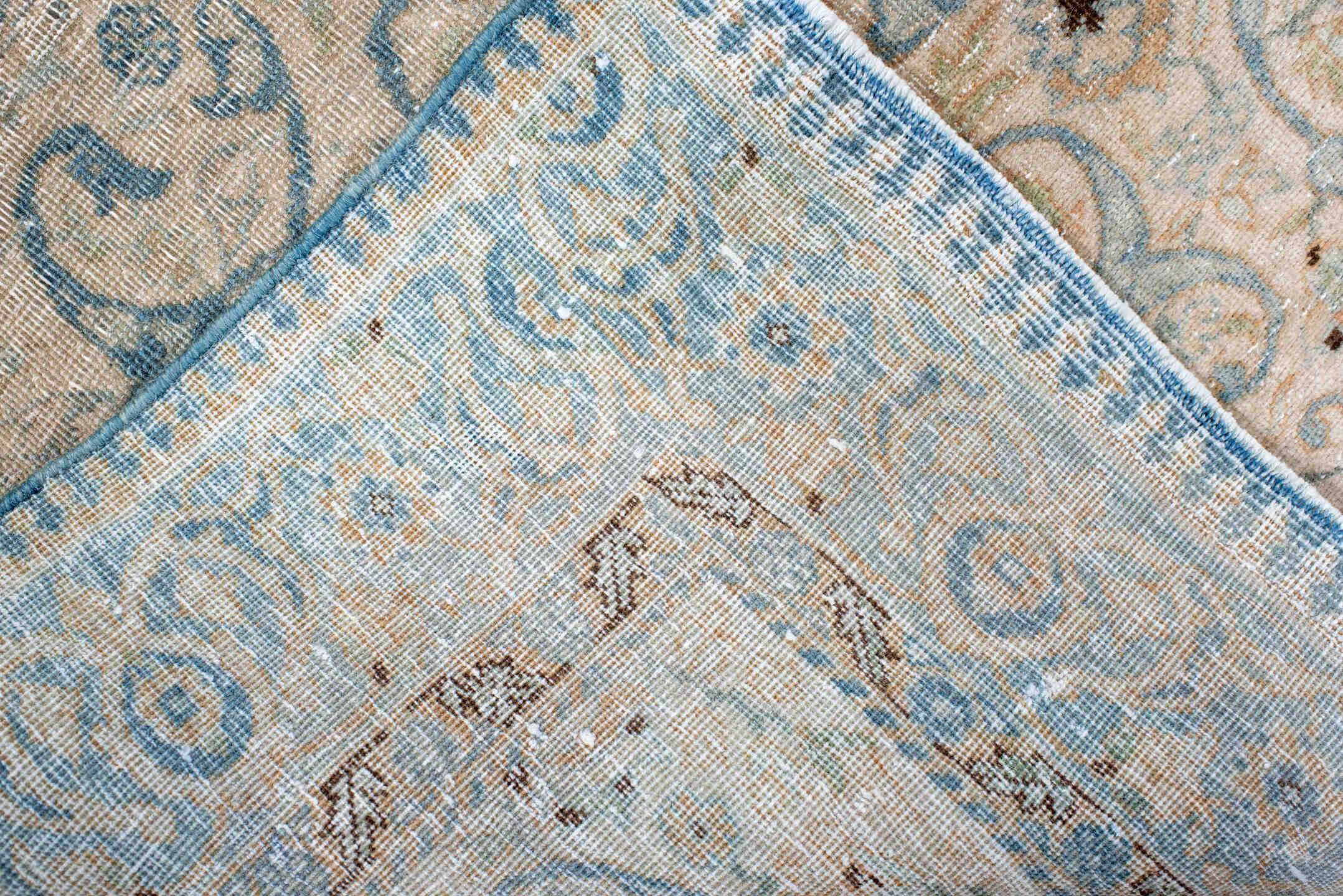 2' x 4' one-of-a-kind handmade antique Tabriz small size rug. Color palette: ivory, sky blue, beige, camel, taupe, brown