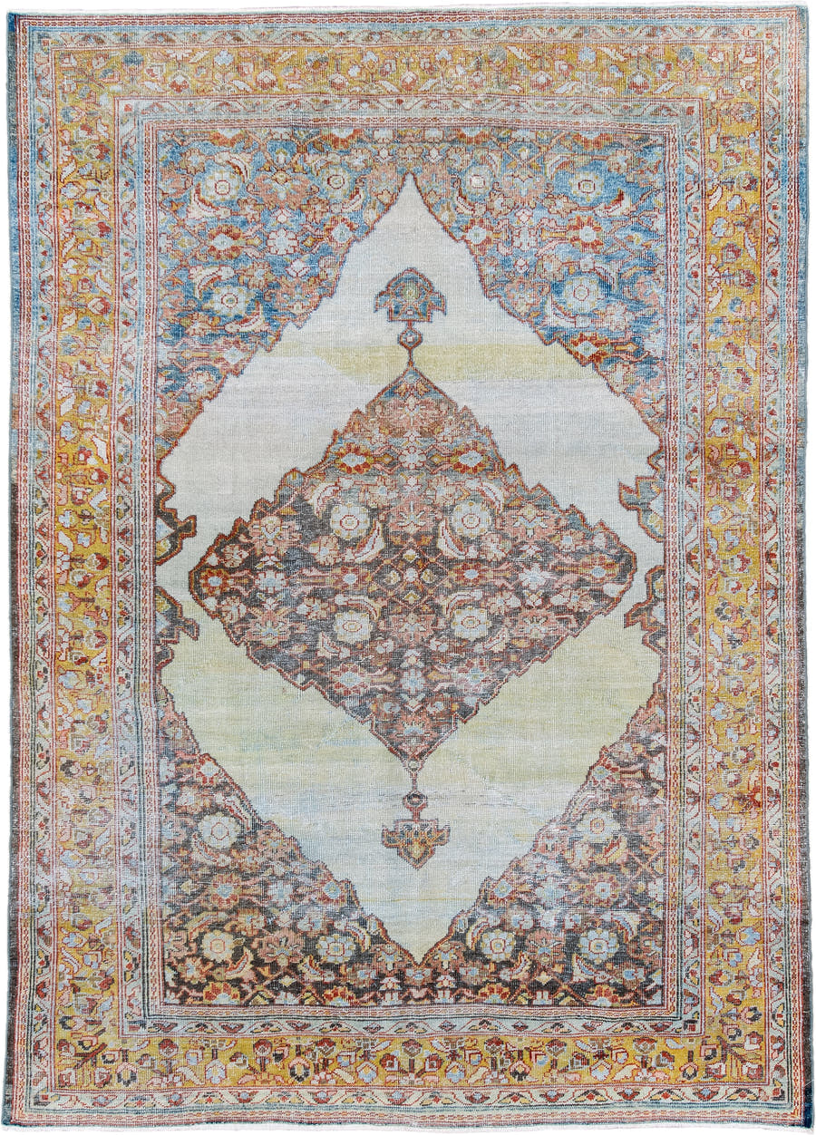 5' x 8' one-of-a-kind handmade antique Mahal medium size rug. Color palette: ivory, gold, sky blue, rust, charcoal, coral