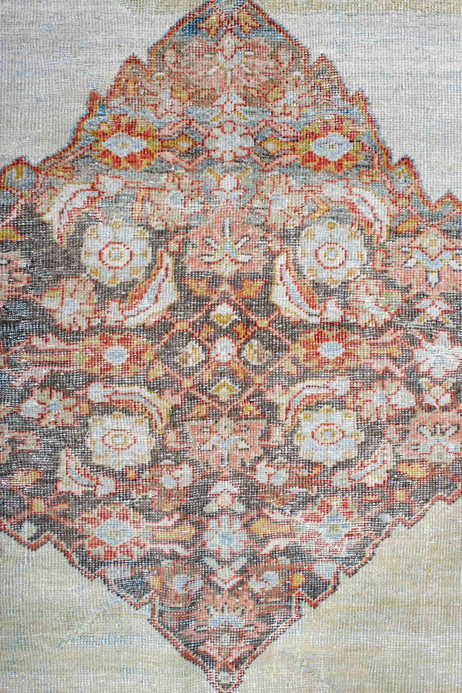 5' x 8' one-of-a-kind handmade antique Mahal medium size rug. Color palette: ivory, gold, sky blue, rust, charcoal, coral