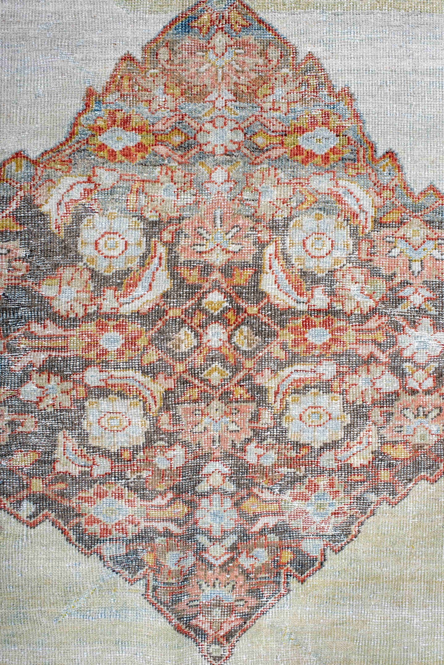 5' x 8' one-of-a-kind handmade antique Mahal medium size rug. Color palette: ivory, gold, sky blue, rust, charcoal, coral