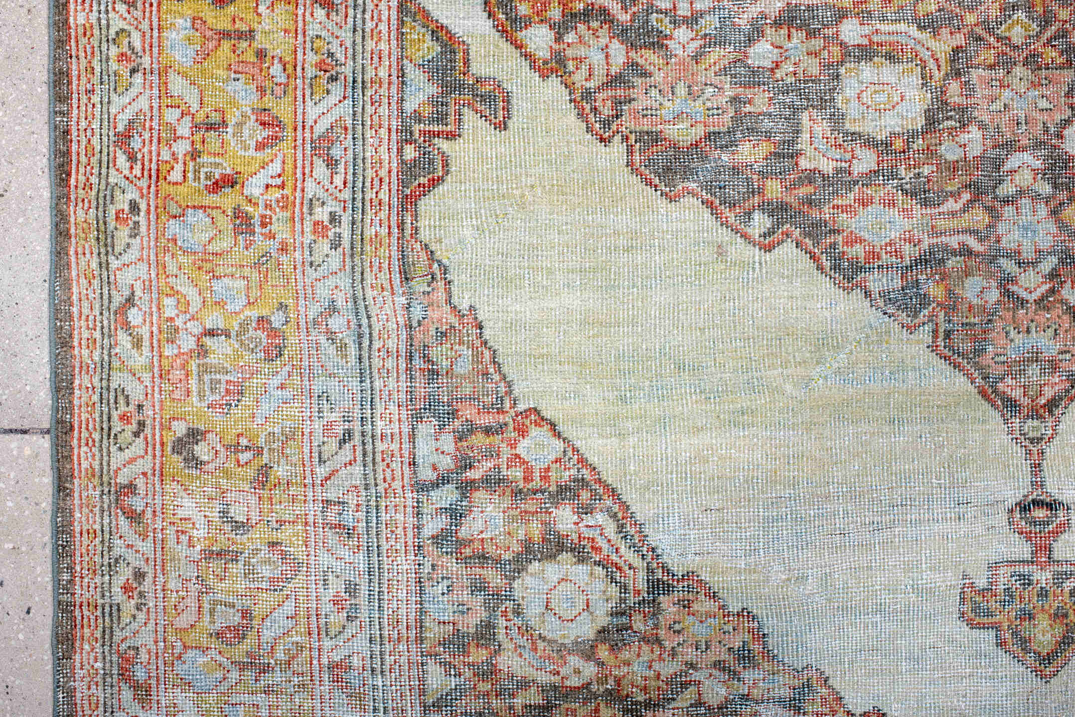 5' x 8' one-of-a-kind handmade antique Mahal medium size rug. Color palette: ivory, gold, sky blue, rust, charcoal, coral