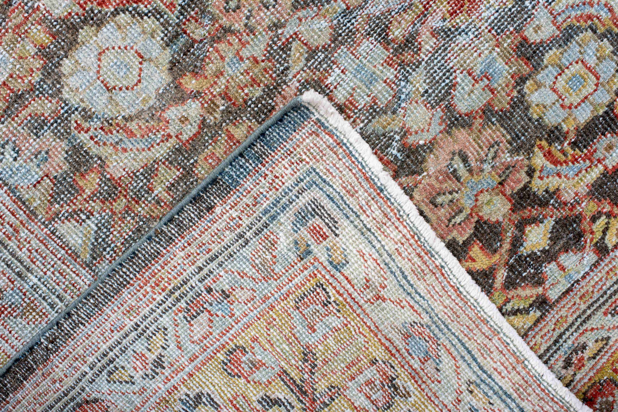 5' x 8' one-of-a-kind handmade antique Mahal medium size rug. Color palette: ivory, gold, sky blue, rust, charcoal, coral