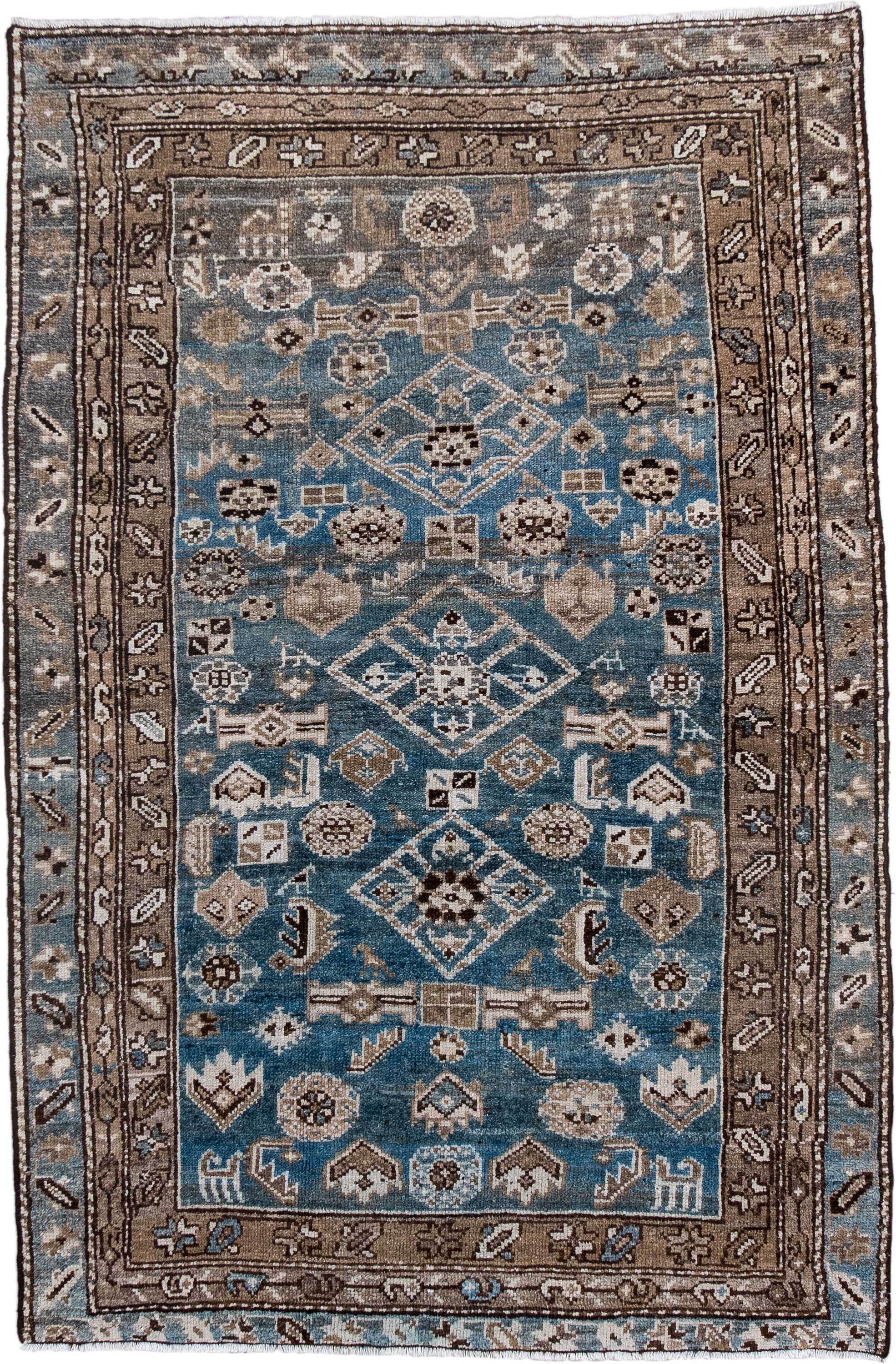 3' x 5' one-of-a-kind handmade antique Hamadan small size rug. Color palette: sky blue, taupe, brown, ivory, slate, charcoal