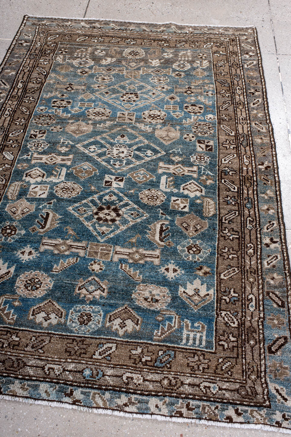 3' x 5' one-of-a-kind handmade antique Hamadan small size rug. Color palette: sky blue, taupe, brown, ivory, slate, charcoal