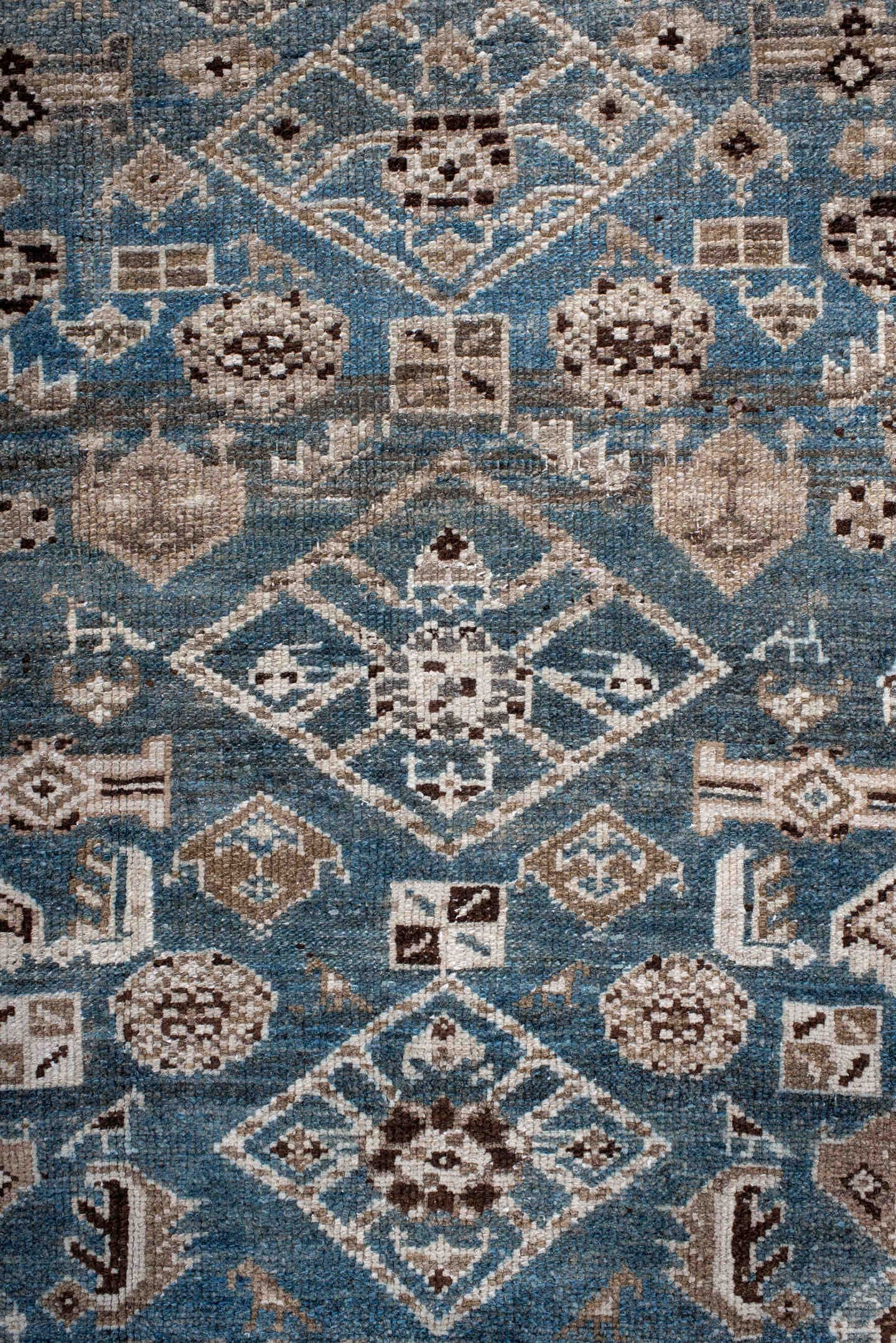 3' x 5' one-of-a-kind handmade antique Hamadan small size rug. Color palette: sky blue, taupe, brown, ivory, slate, charcoal