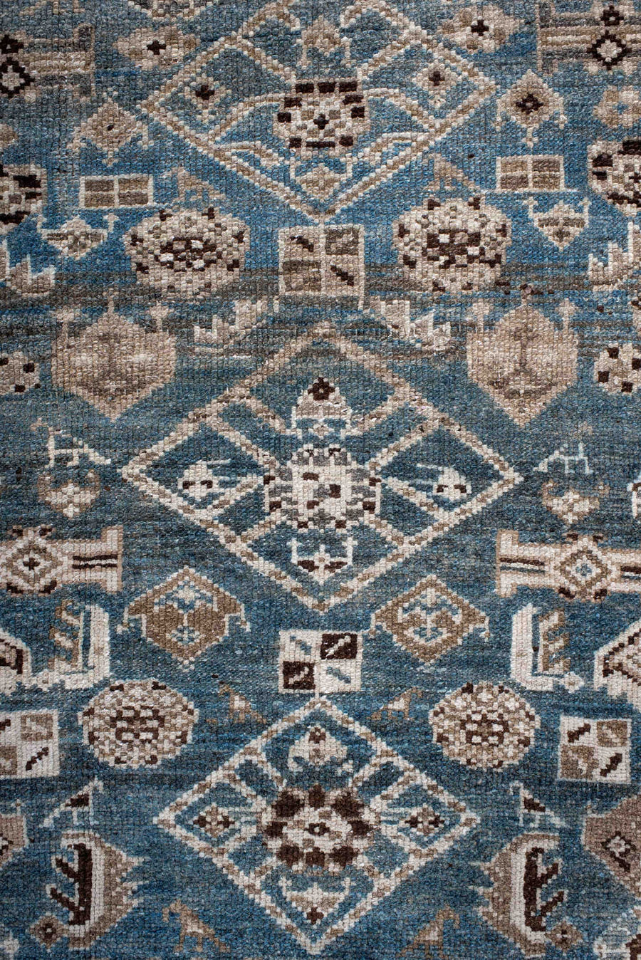 3' x 5' one-of-a-kind handmade antique Hamadan small size rug. Color palette: sky blue, taupe, brown, ivory, slate, charcoal
