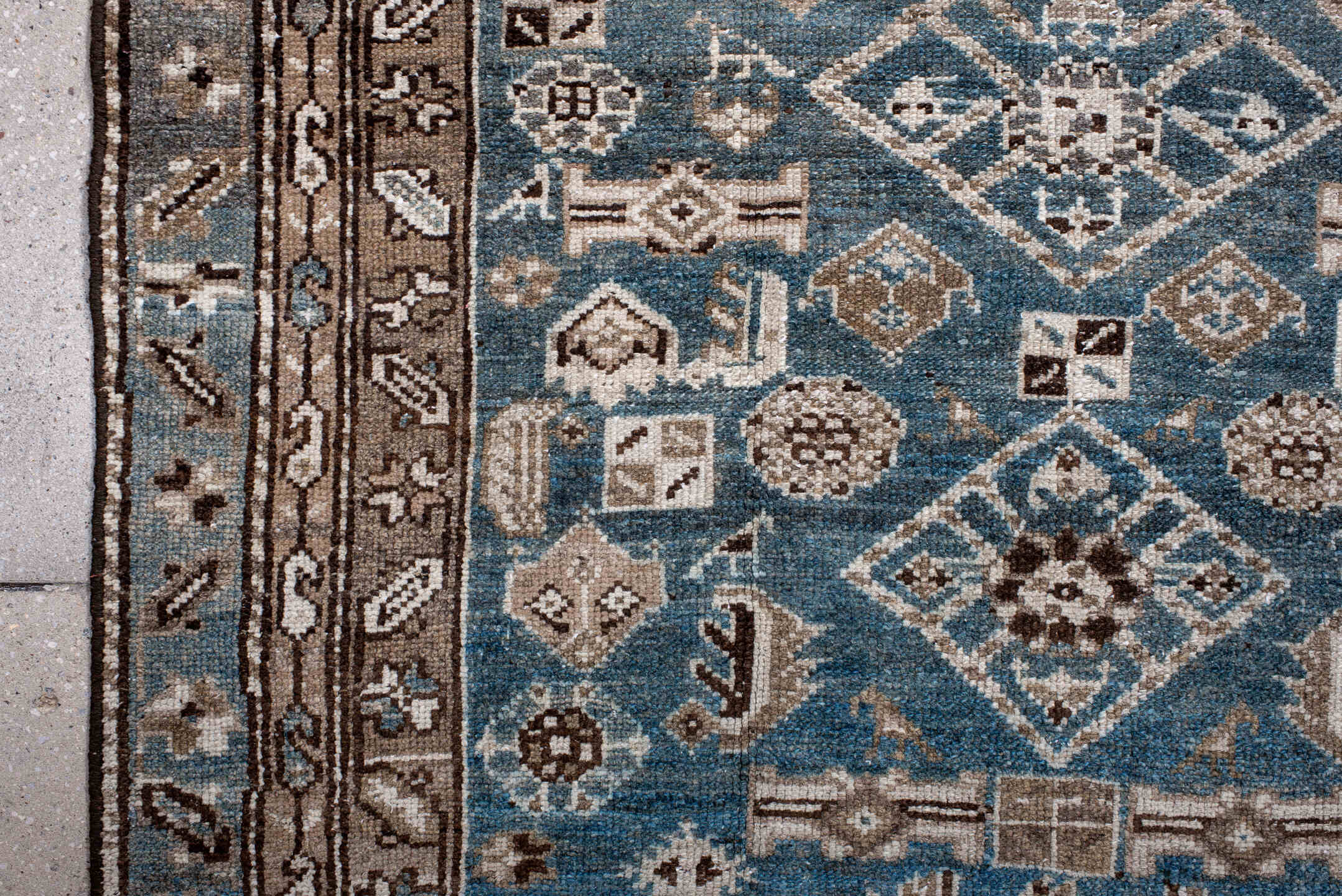 3' x 5' one-of-a-kind handmade antique Hamadan small size rug. Color palette: sky blue, taupe, brown, ivory, slate, charcoal
