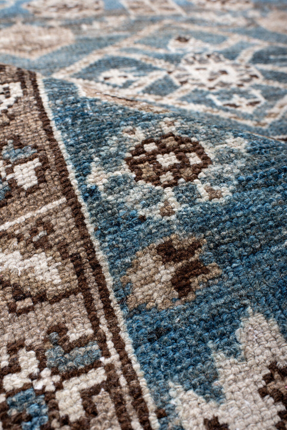 3' x 5' one-of-a-kind handmade antique Hamadan small size rug. Color palette: sky blue, taupe, brown, ivory, slate, charcoal