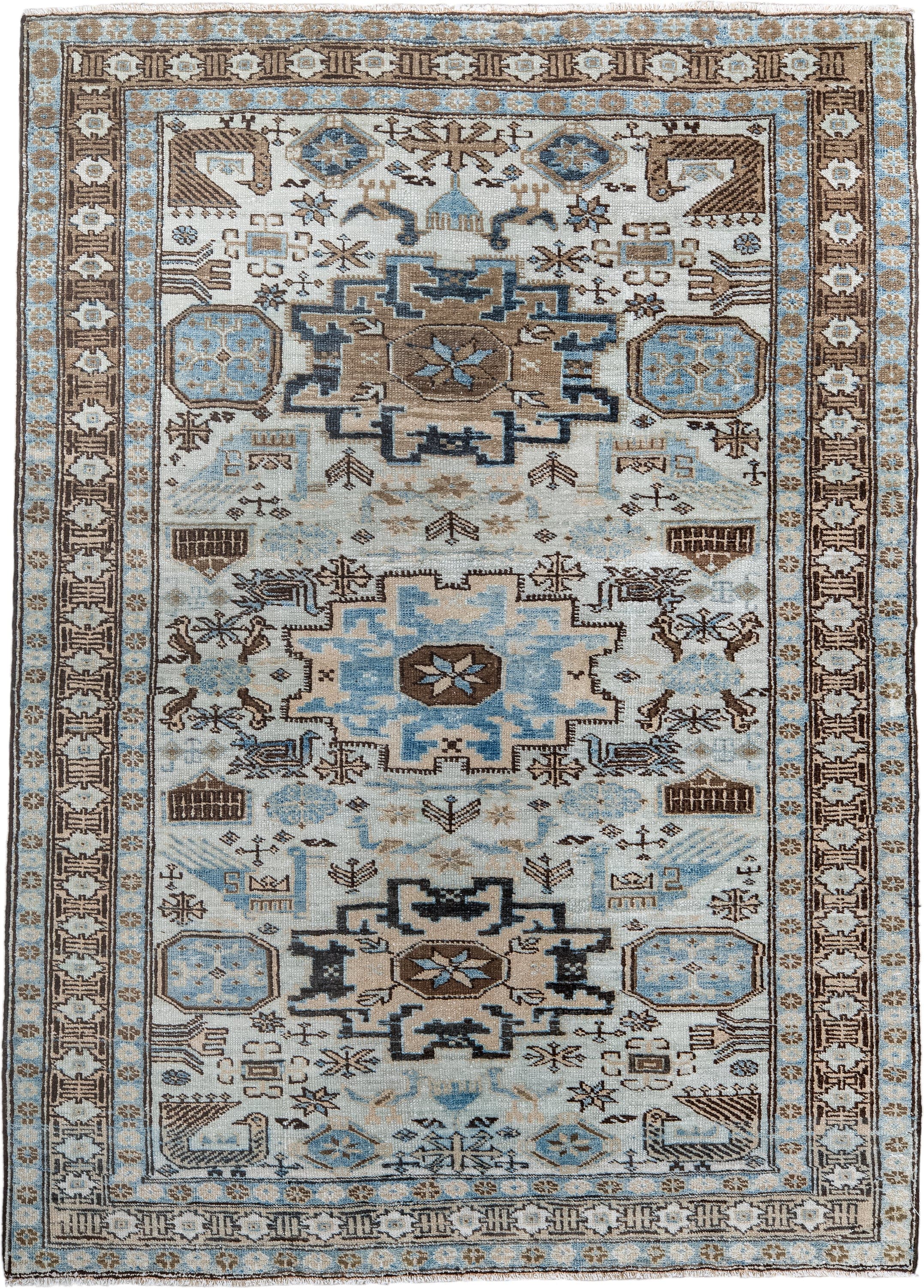3' x 4' one-of-a-kind handmade antique Ardebil small size rug. Color palette: ivory, sky blue, brown, taupe, slate, camel