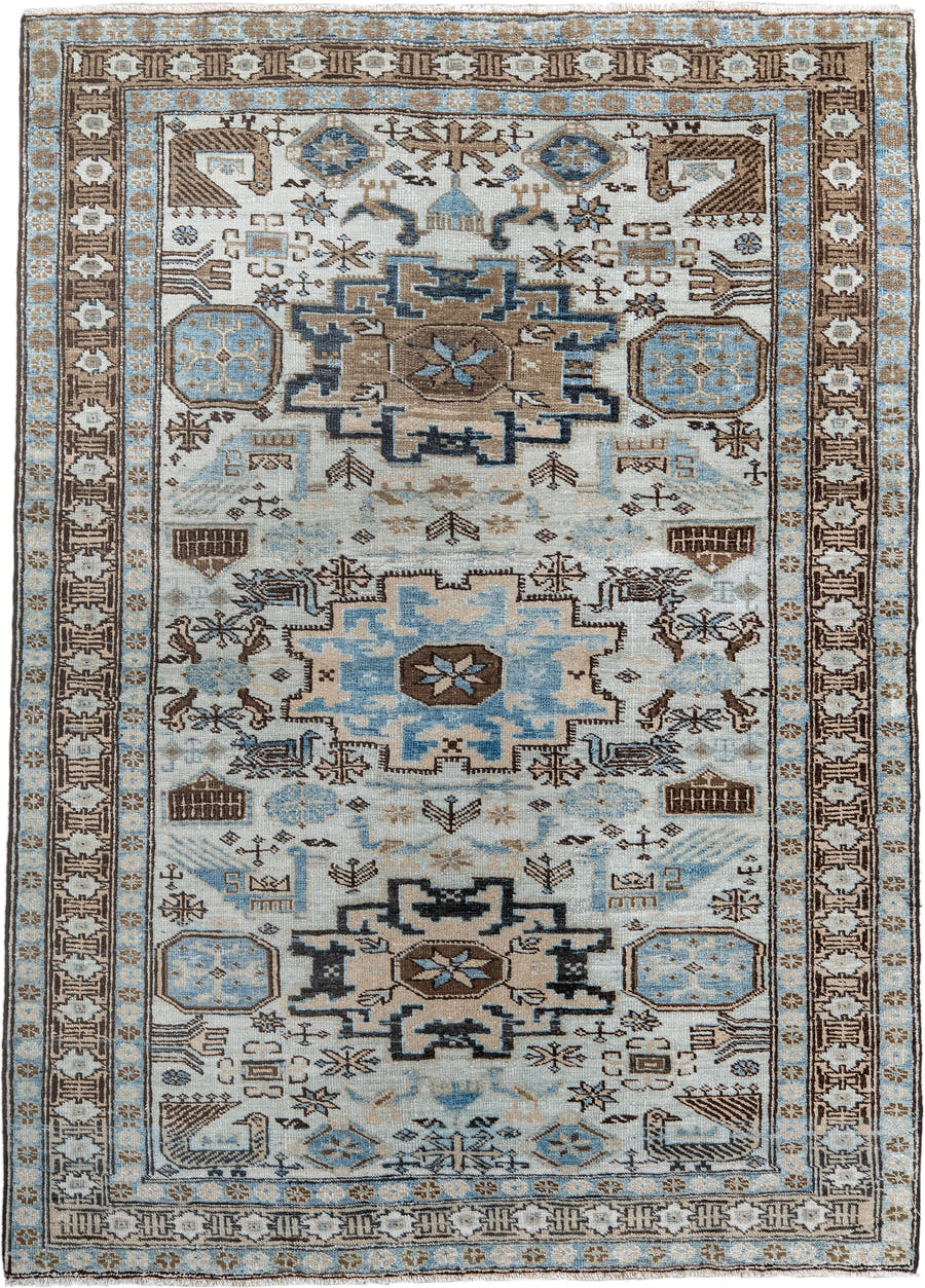 3' x 4' one-of-a-kind handmade antique Ardebil small size rug. Color palette: ivory, sky blue, brown, taupe, slate, camel