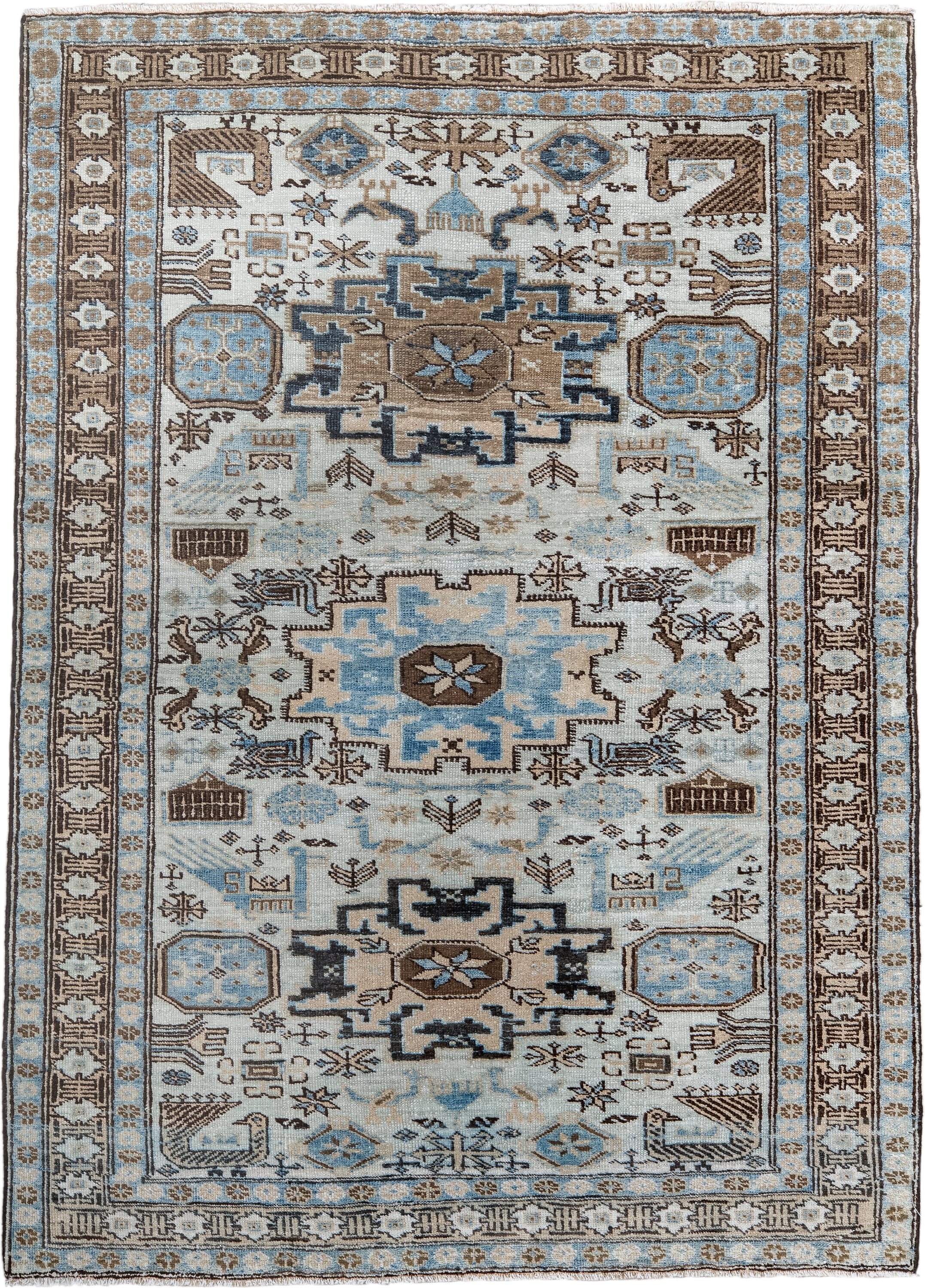 3' x 4' one-of-a-kind handmade antique Ardebil small size rug. Color palette: ivory, sky blue, brown, taupe, slate, camel