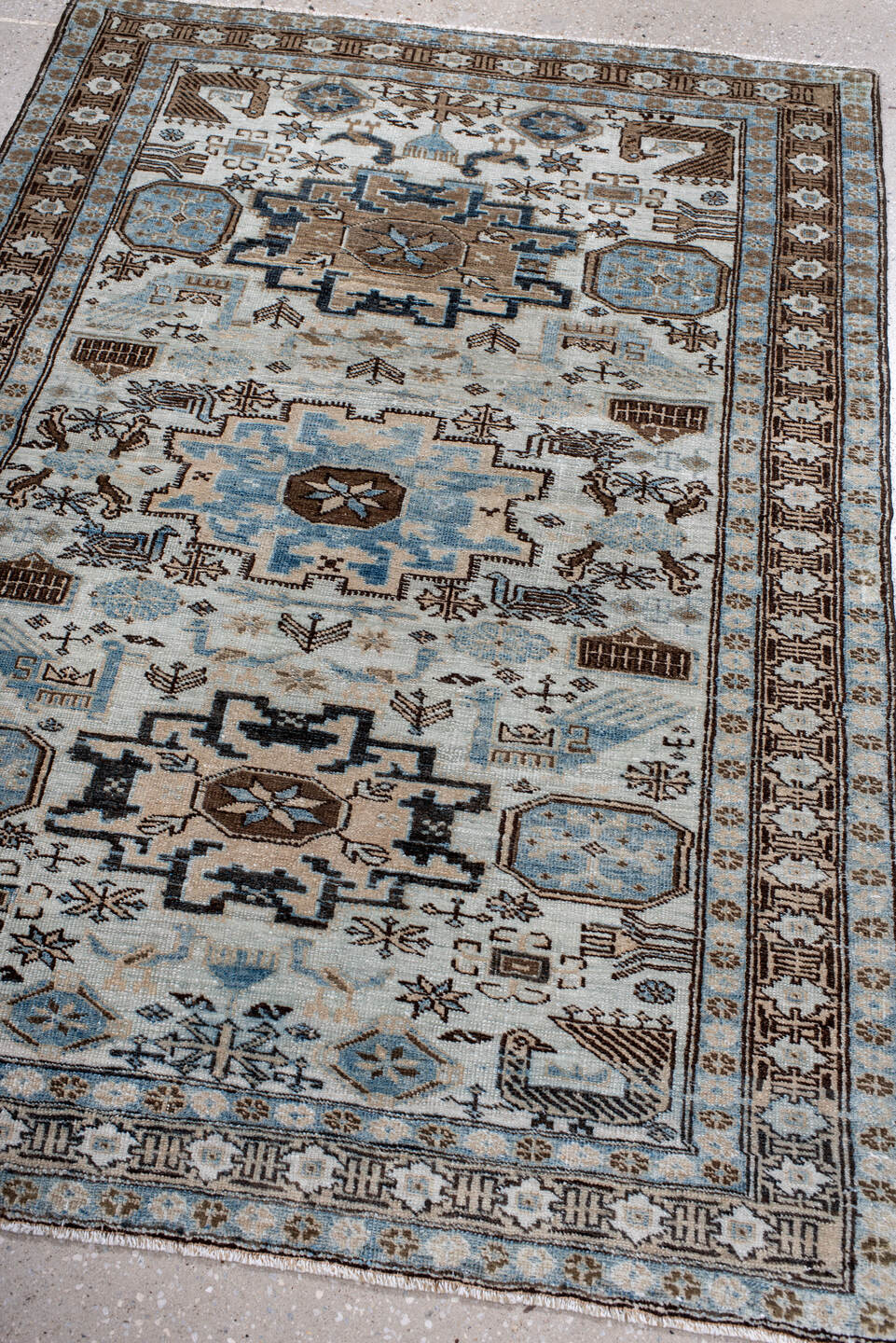 3' x 4' one-of-a-kind handmade antique Ardebil small size rug. Color palette: ivory, sky blue, brown, taupe, slate, camel