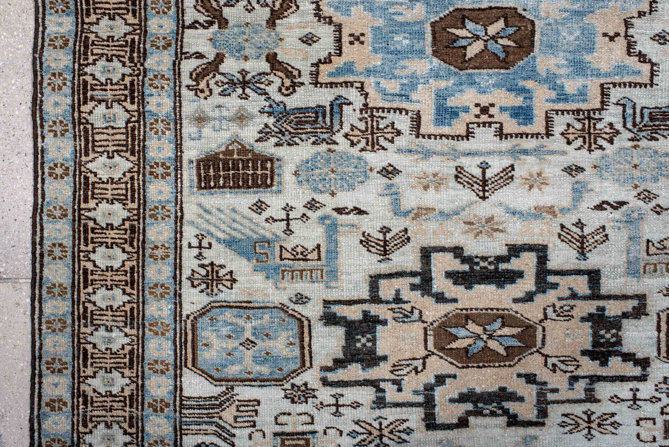 3' x 4' one-of-a-kind handmade antique Ardebil small size rug. Color palette: ivory, sky blue, brown, taupe, slate, camel