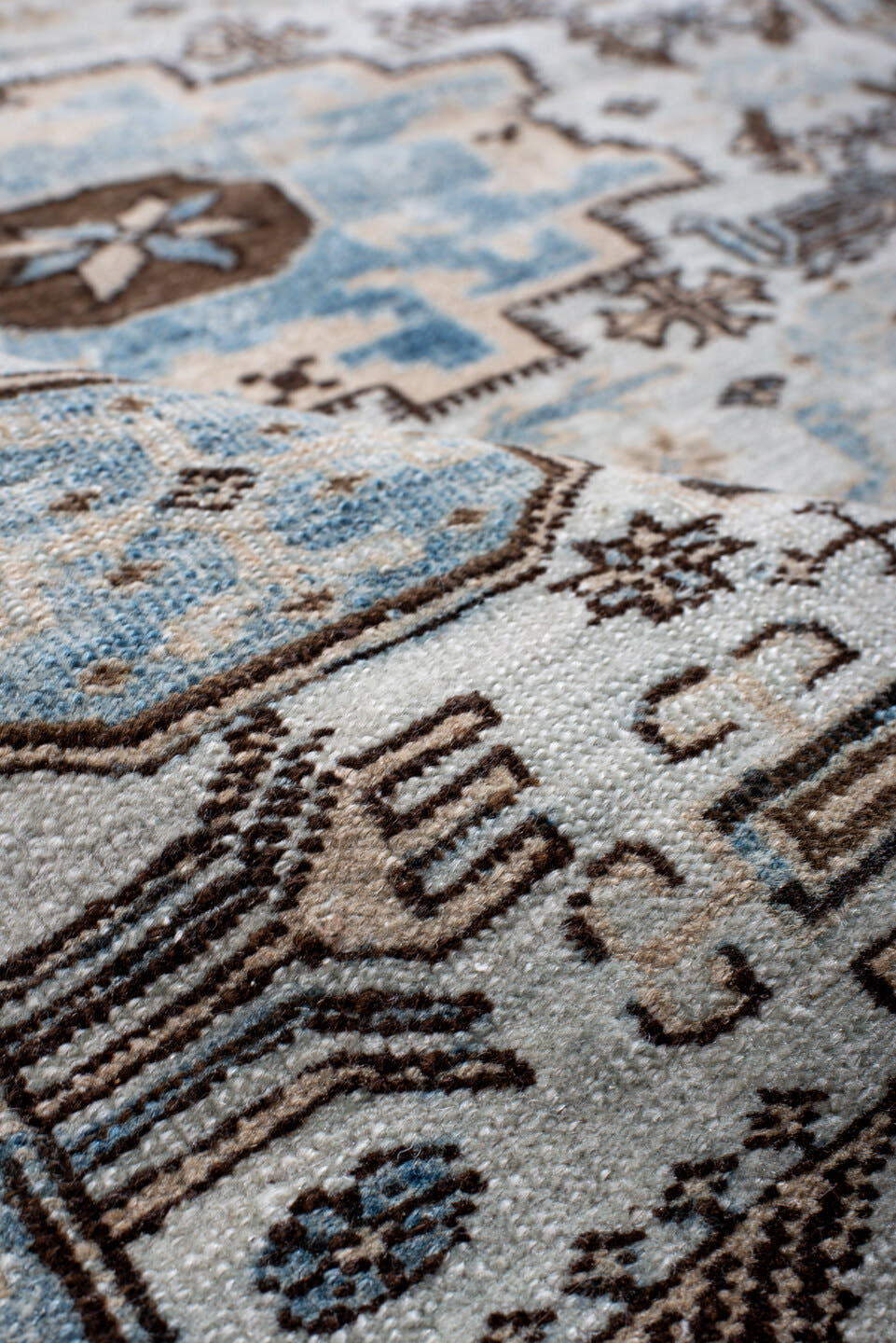 3' x 4' one-of-a-kind handmade antique Ardebil small size rug. Color palette: ivory, sky blue, brown, taupe, slate, camel