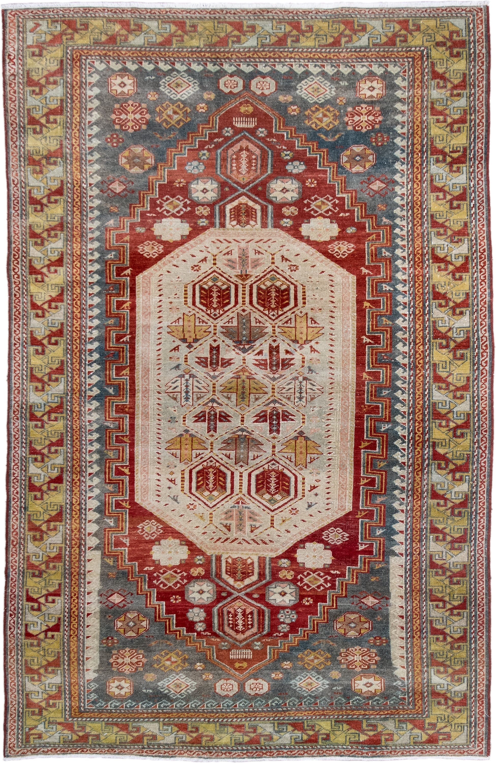 3' x 5' one-of-a-kind handmade antique Sivas small size rug. Color palette: ivory, rust, slate, gold, sage, brick, camel