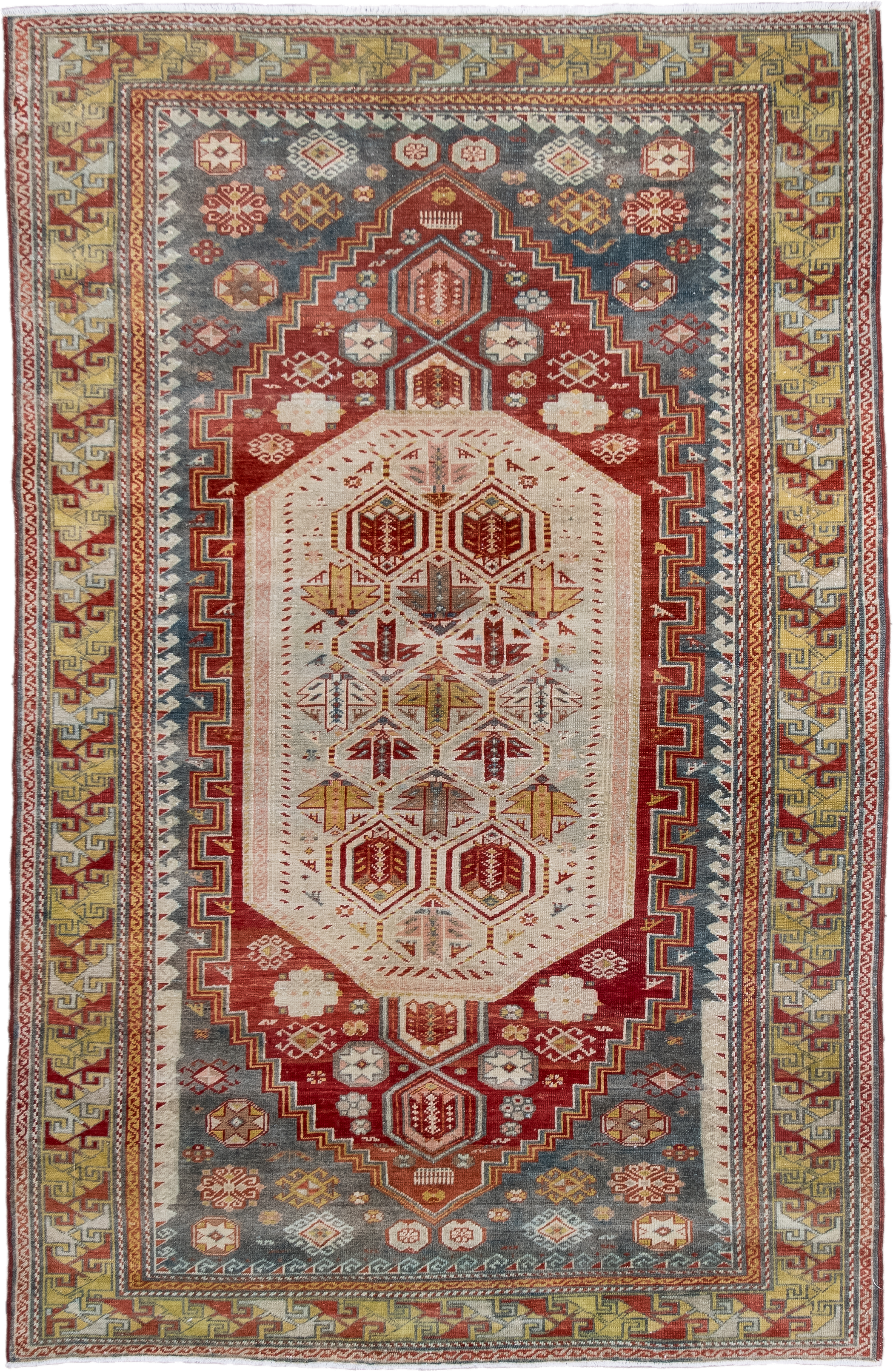 3' x 5' one-of-a-kind handmade antique Sivas small size rug. Color palette: ivory, rust, slate, gold, sage, brick, camel