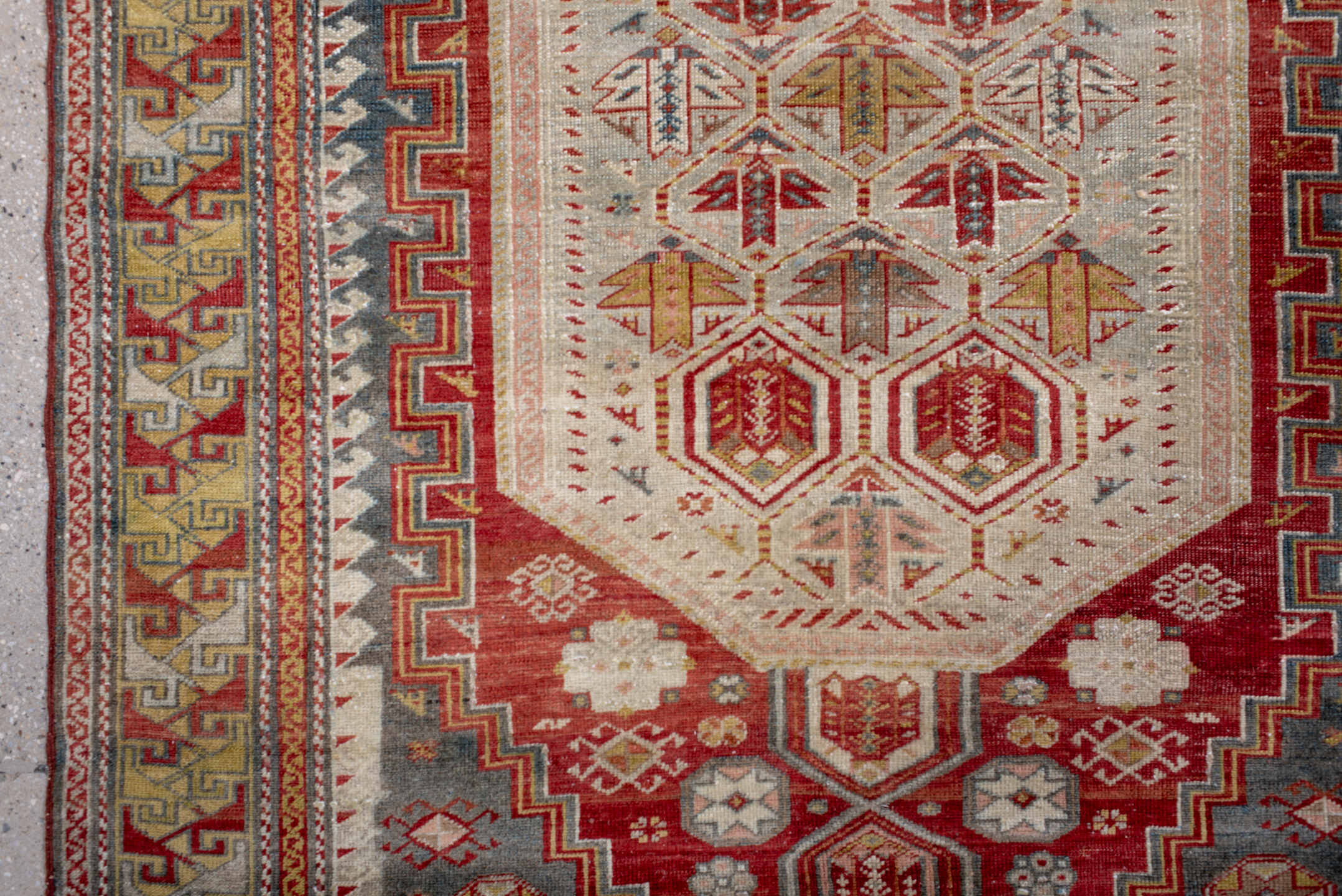 3' x 5' one-of-a-kind handmade antique Sivas small size rug. Color palette: ivory, rust, slate, gold, sage, brick, camel