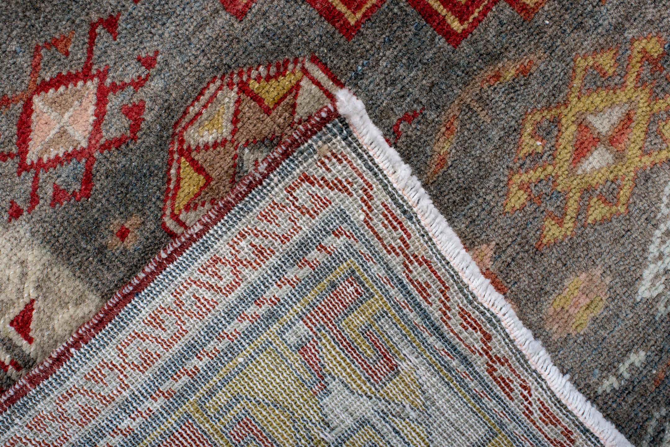 3' x 5' one-of-a-kind handmade antique Sivas small size rug. Color palette: ivory, rust, slate, gold, sage, brick, camel