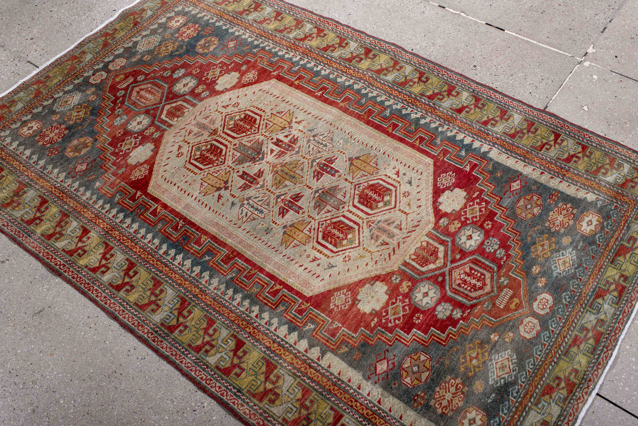 3' x 5' one-of-a-kind handmade antique Sivas small size rug. Color palette: ivory, rust, slate, gold, sage, brick, camel