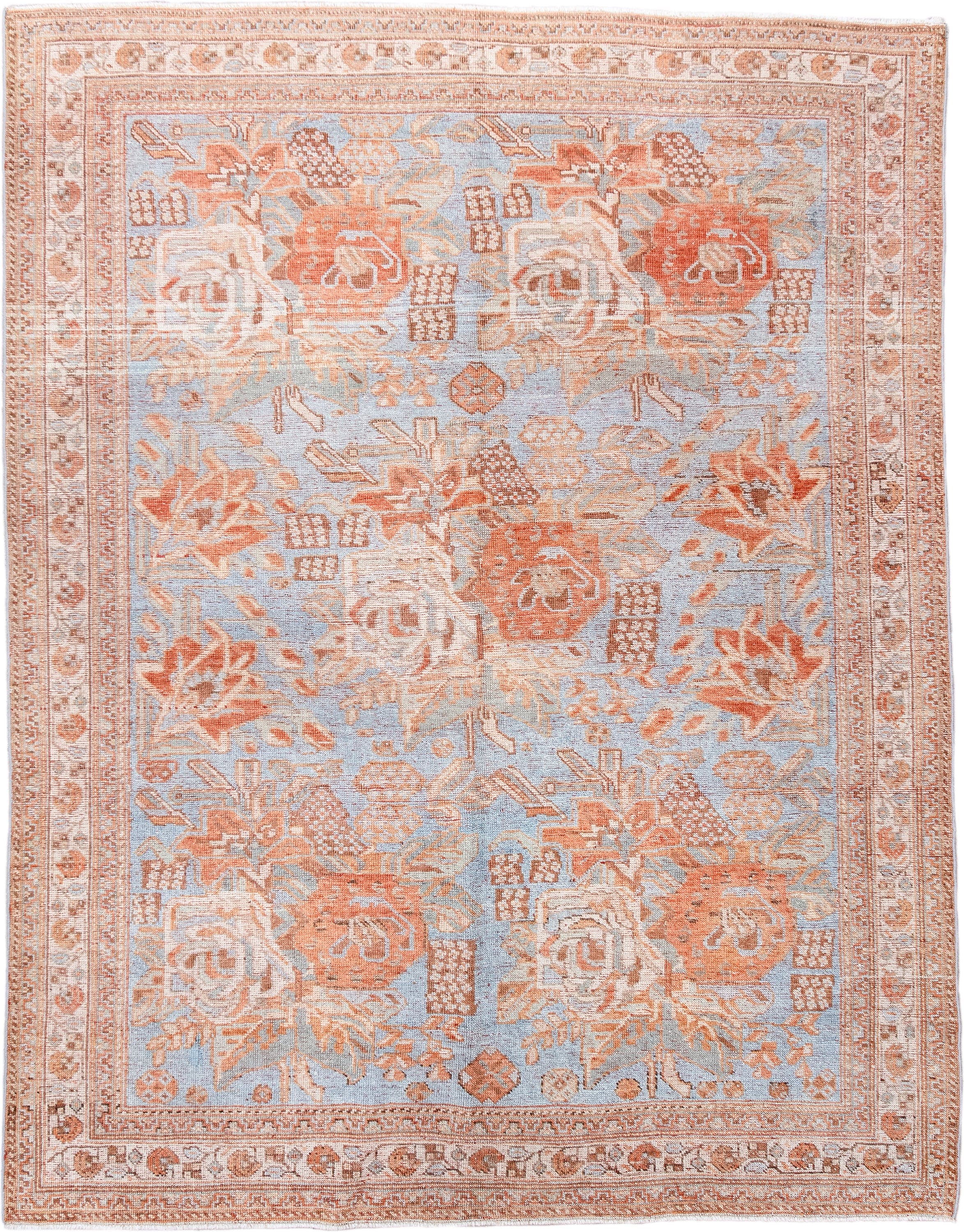 5' x 6' one-of-a-kind handmade antique Afshar rug. Color palette: pale blue, ivory, terra cotta, beige, camel, light blue