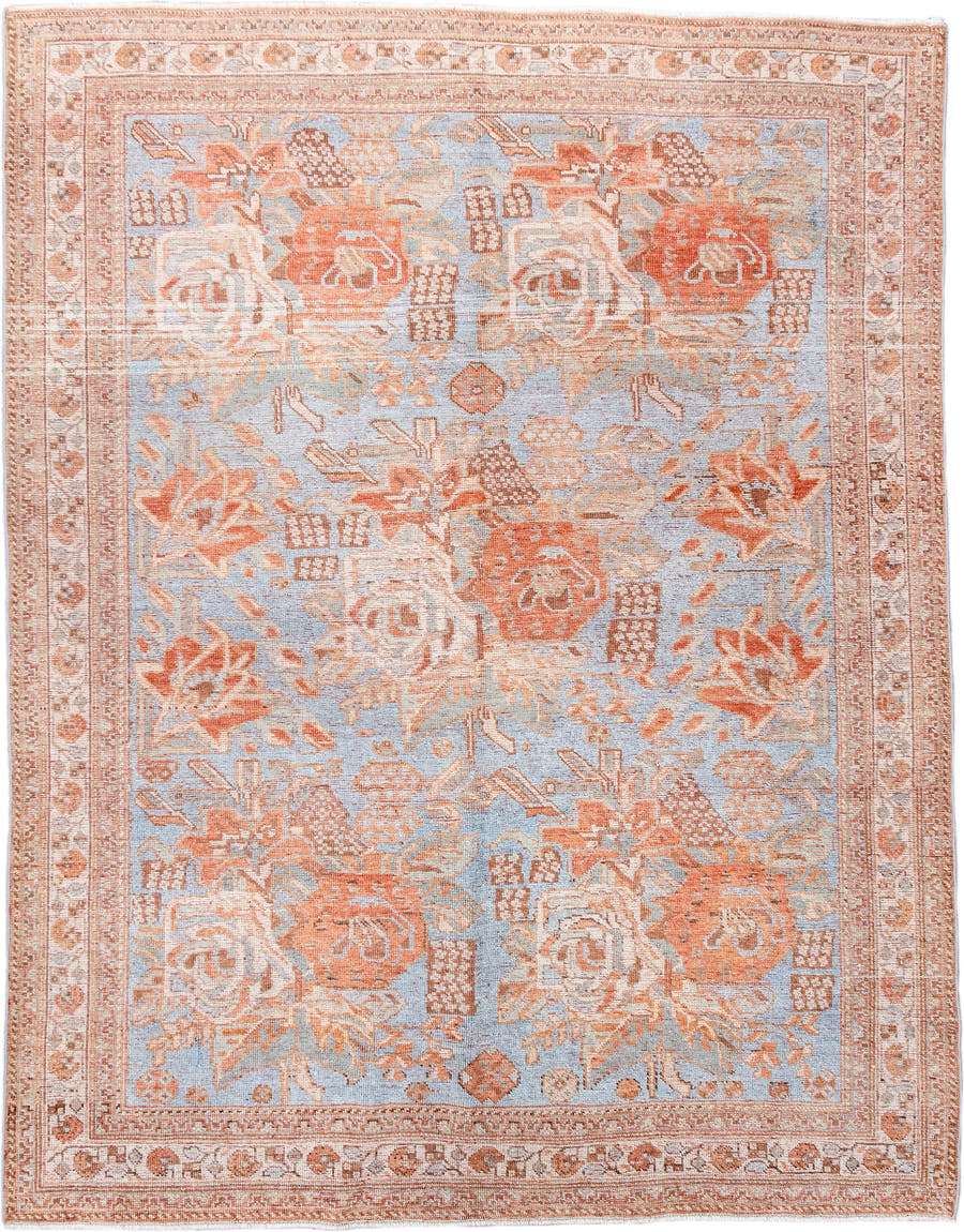 5' x 6' one-of-a-kind handmade antique Afshar rug. Color palette: pale blue, ivory, terra cotta, beige, camel, light blue