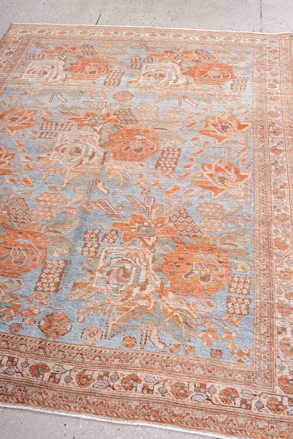 5' x 6' one-of-a-kind handmade antique Afshar rug. Color palette: pale blue, ivory, terra cotta, beige, camel, light blue